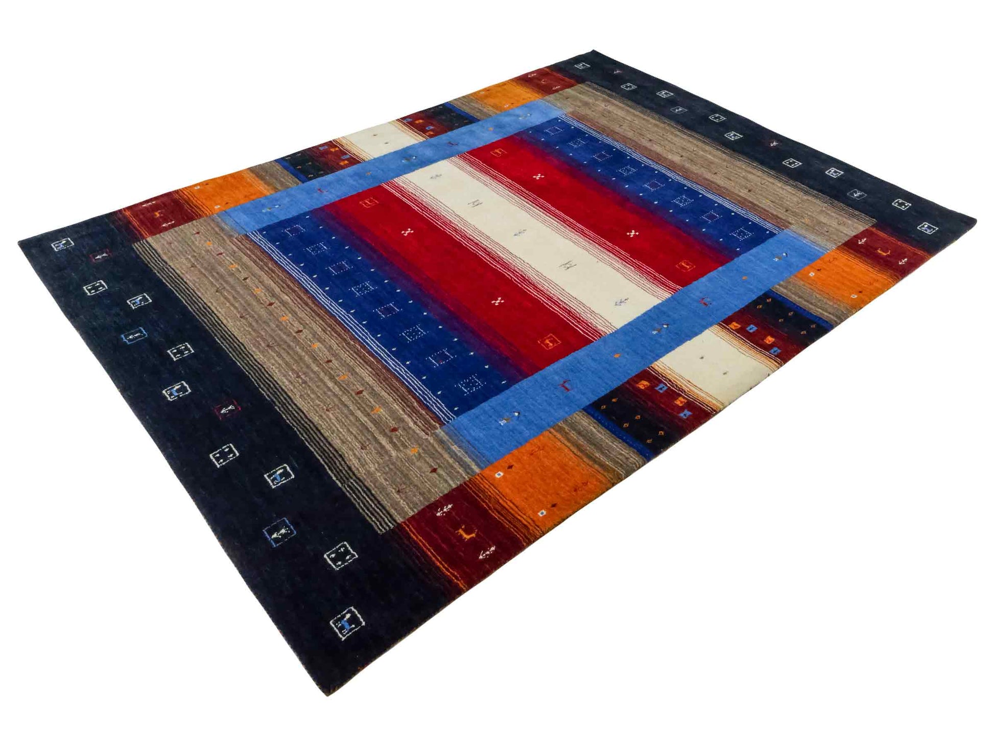 Moderner, Handloom Lori Gabbeh Orientteppich von Khademi aus Wolle, blau, navy, mehrfarbig. Geometrisches Nomaden-Design. Produziert in Indien. Größe: 244x175cm. Teppichnummer: KB4-1817. Verkauf durch Jupiter Intl.