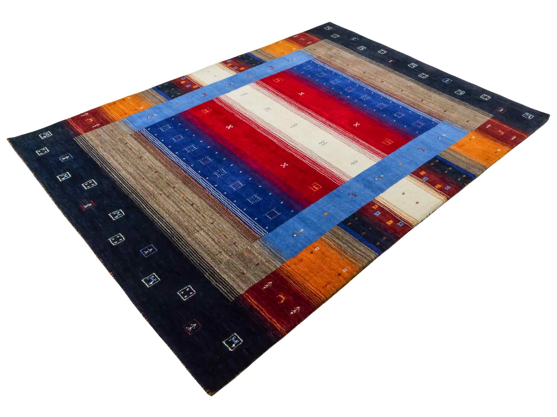 Moderner, Handloom Lori Gabbeh Orientteppich von Khademi aus Wolle, blau, navy, mehrfarbig. Geometrisches Nomaden-Design. Produziert in Indien. Größe: 244x175cm. Teppichnummer: KB4-1817. Verkauf durch Jupiter Intl.