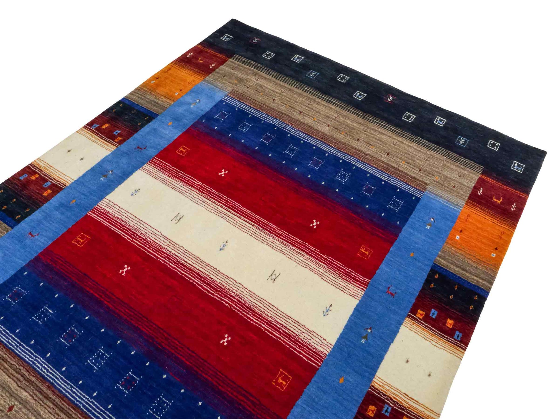 Moderner, Handloom Lori Gabbeh Orientteppich von Khademi aus Wolle, blau, navy, mehrfarbig. Geometrisches Nomaden-Design. Produziert in Indien. Größe: 244x175cm. Teppichnummer: KB4-1817. Verkauf durch Jupiter Intl.