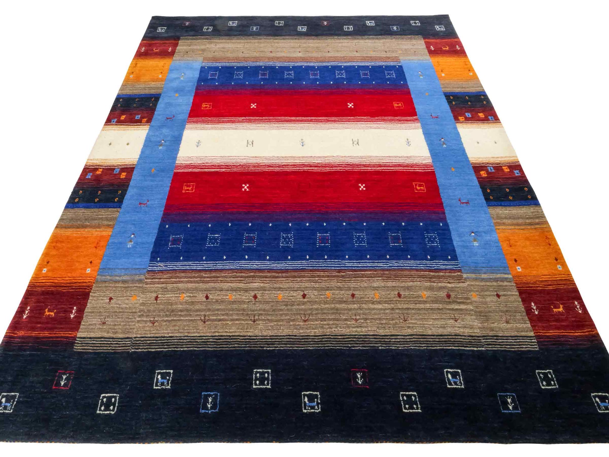 Moderner, Handloom Lori Gabbeh Orientteppich von Khademi aus Wolle, blau, navy, mehrfarbig. Geometrisches Nomaden-Design. Produziert in Indien. Größe: 244x175cm. Teppichnummer: KB4-1817. Verkauf durch Jupiter Intl.