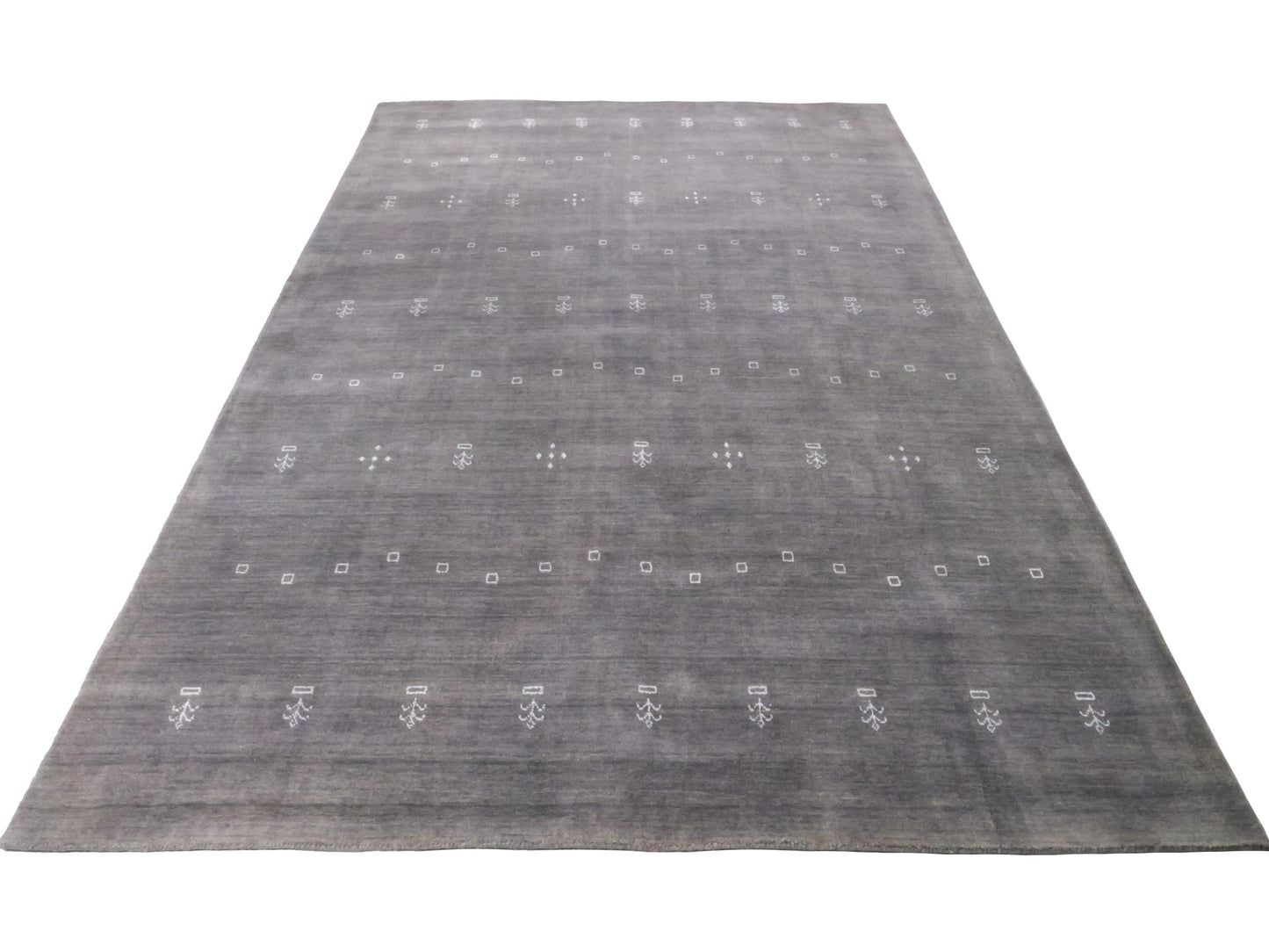 Moderner, Handloom Lori Gabbeh Orientteppich von Khademi aus Wolle, grau. Nomaden-Design. Produziert in Indien. Größe: 298x201cm. Teppichnummer: KB4-1612. Verkauf durch Jupiter Intl.