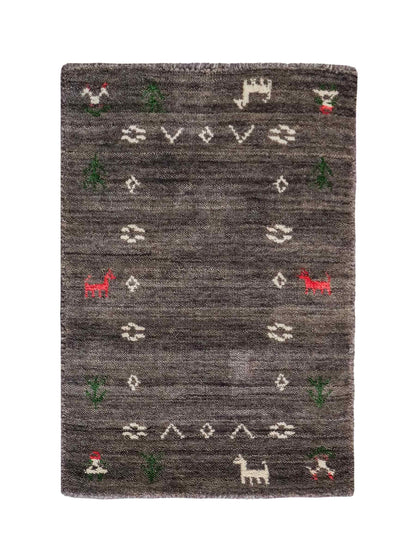 Moderner, Handloom Lori Gabbeh Orientteppich von Khademi aus Wolle, grau. Nomaden-Design. Produziert in Indien. Größe: 60x40cm. Teppichnummer: KB4-1617A. Verkauf durch Jupiter Intl.