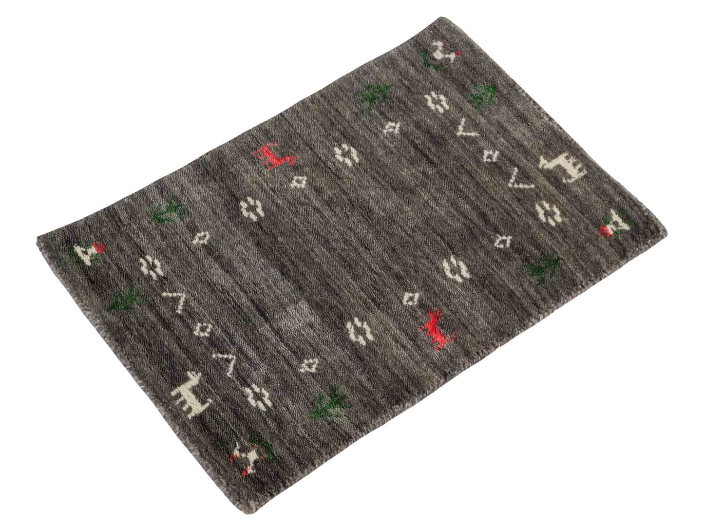 Moderner, Handloom Lori Gabbeh Orientteppich von Khademi aus Wolle, grau. Nomaden-Design. Produziert in Indien. Größe: 60x40cm. Teppichnummer: KB4-1617A. Verkauf durch Jupiter Intl.