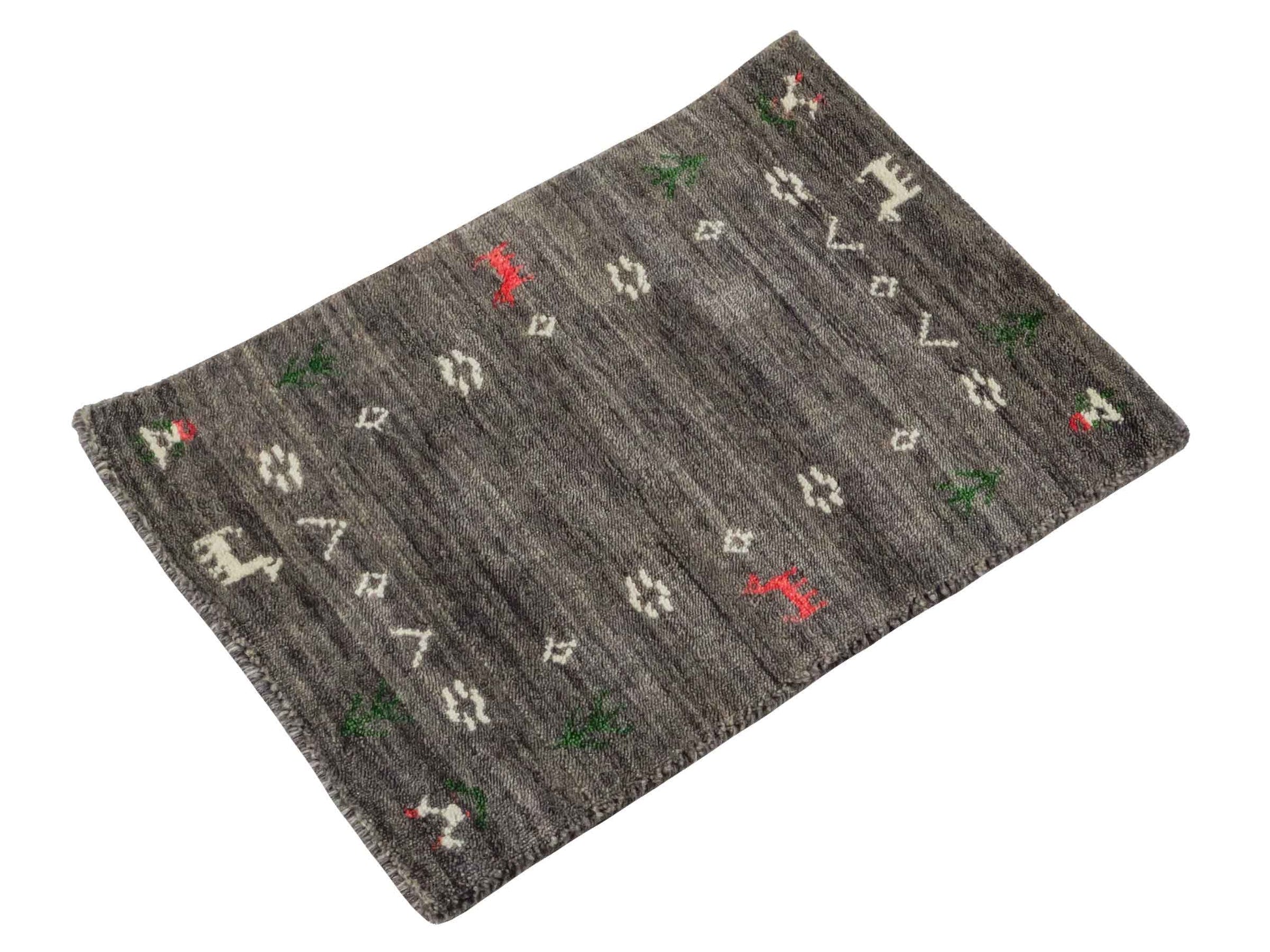 Moderner, Handloom Lori Gabbeh Orientteppich von Khademi aus Wolle, grau. Nomaden-Design. Produziert in Indien. Größe: 60x40cm. Teppichnummer: KB4-1617A. Verkauf durch Jupiter Intl.