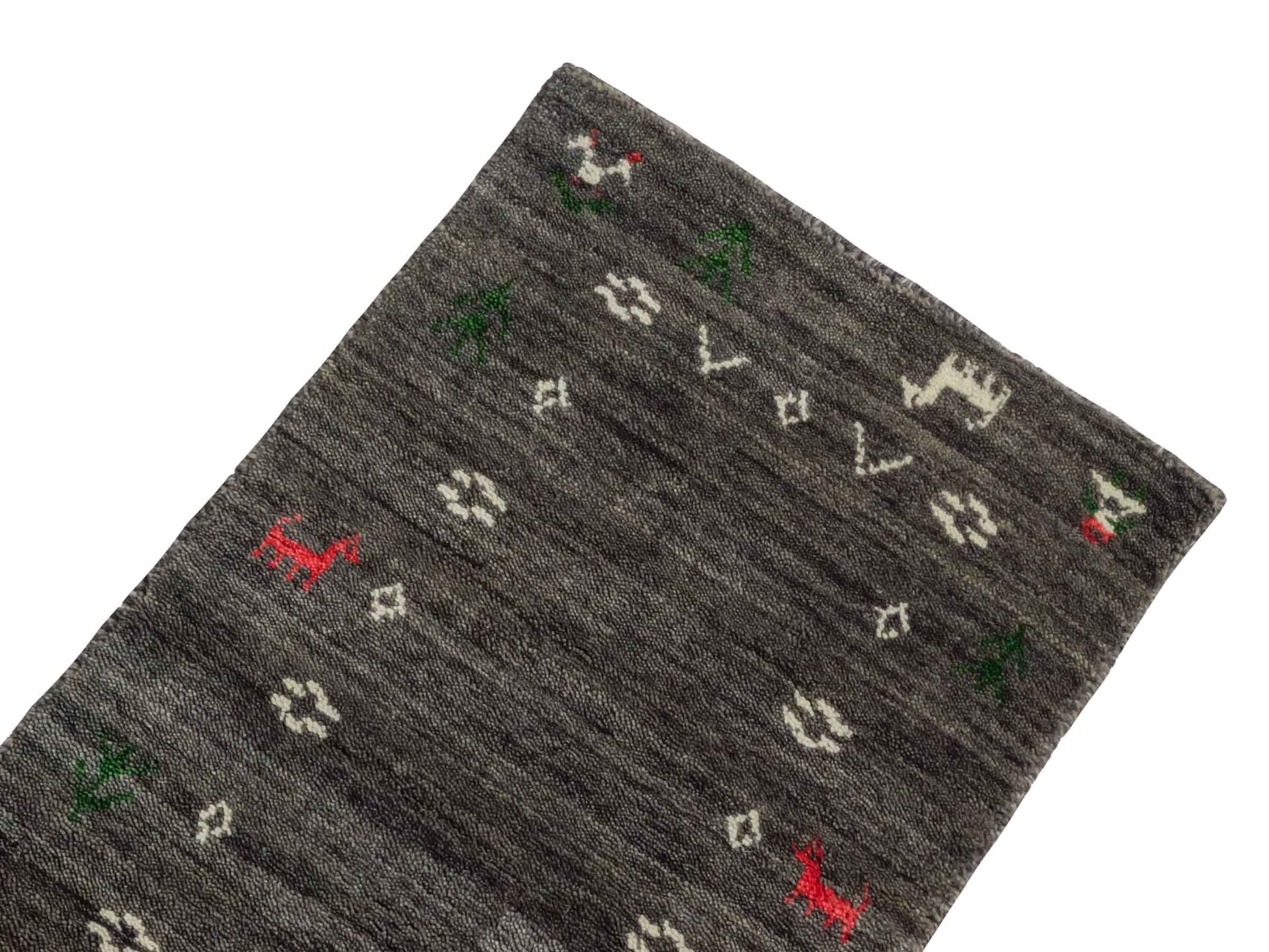 Moderner, Handloom Lori Gabbeh Orientteppich von Khademi aus Wolle, grau. Nomaden-Design. Produziert in Indien. Größe: 60x40cm. Teppichnummer: KB4-1617A. Verkauf durch Jupiter Intl.