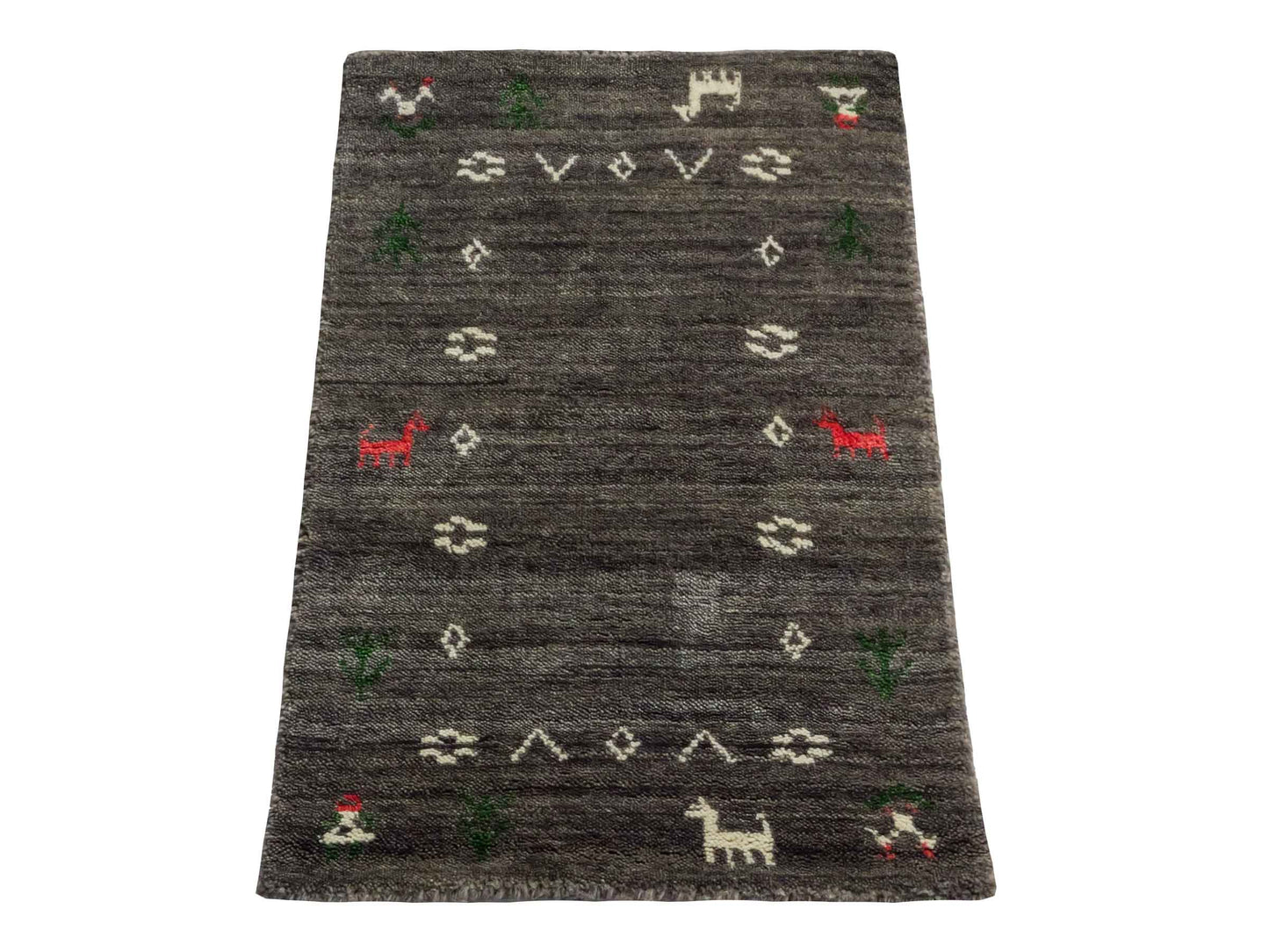 Moderner, Handloom Lori Gabbeh Orientteppich von Khademi aus Wolle, grau. Nomaden-Design. Produziert in Indien. Größe: 60x40cm. Teppichnummer: KB4-1617A. Verkauf durch Jupiter Intl.