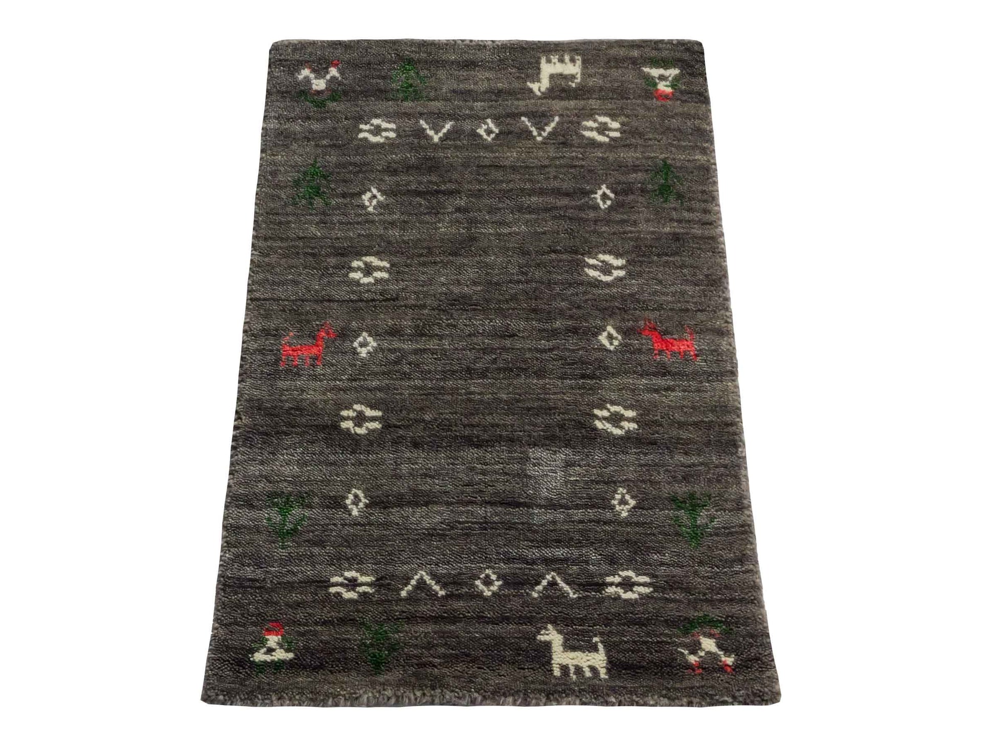 Moderner, Handloom Lori Gabbeh Orientteppich von Khademi aus Wolle, grau. Nomaden-Design. Produziert in Indien. Größe: 60x40cm. Teppichnummer: KB4-1617A. Verkauf durch Jupiter Intl.