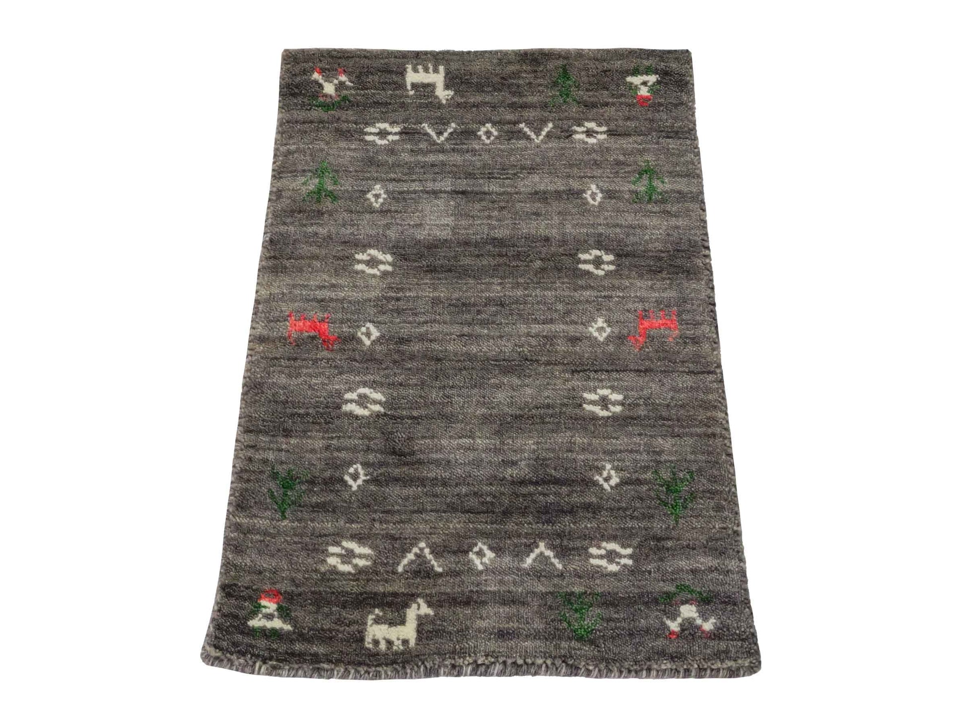 Moderner, Handloom Lori Gabbeh Orientteppich von Khademi aus Wolle, grau. Nomaden-Design. Produziert in Indien. Größe: 60x40cm. Teppichnummer: KB4-1617A. Verkauf durch Jupiter Intl.