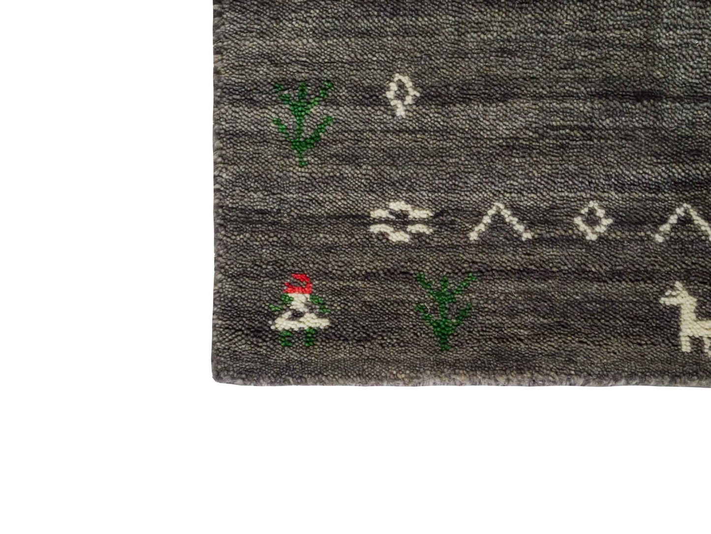 Moderner, Handloom Lori Gabbeh Orientteppich von Khademi aus Wolle, grau. Nomaden-Design. Produziert in Indien. Größe: 60x40cm. Teppichnummer: KB4-1617A. Verkauf durch Jupiter Intl.