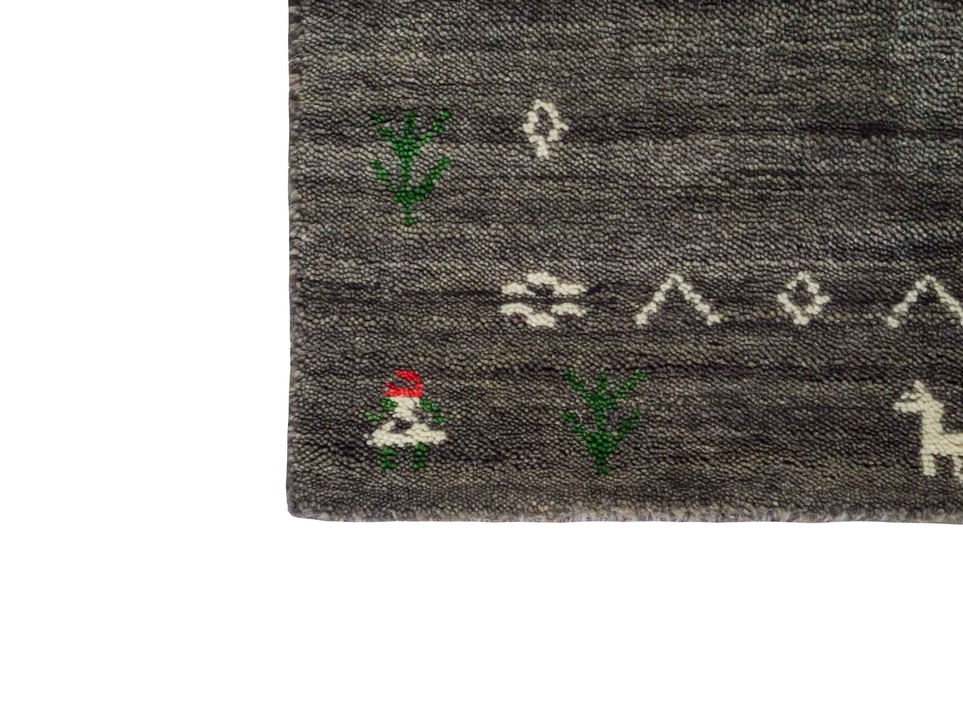 Moderner, Handloom Lori Gabbeh Orientteppich von Khademi aus Wolle, grau. Nomaden-Design. Produziert in Indien. Größe: 60x40cm. Teppichnummer: KB4-1617A. Verkauf durch Jupiter Intl.