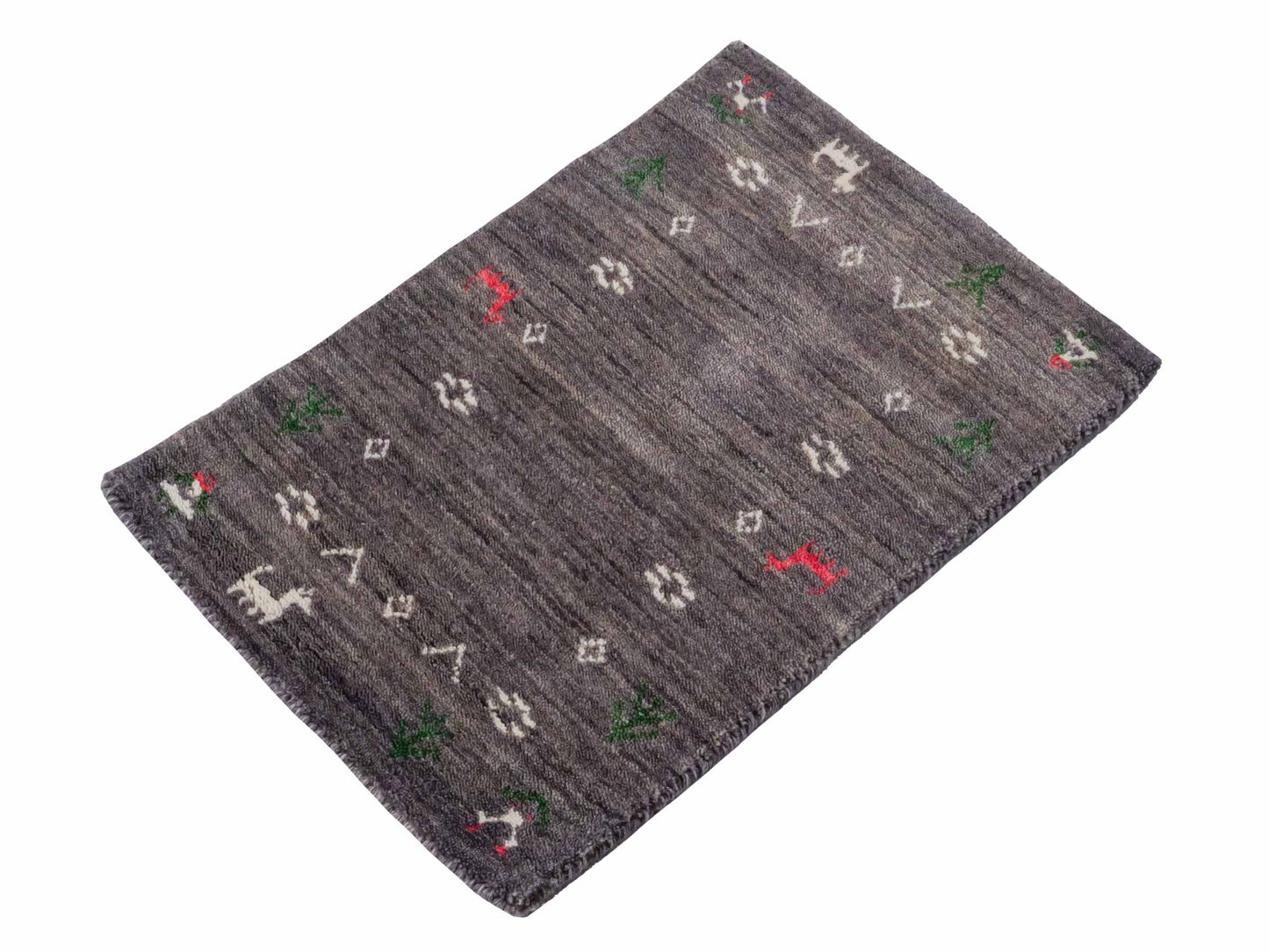 Moderner, Handloom Lori Gabbeh Orientteppich von Khademi aus Wolle, grau. Nomaden-Design. Produziert in Indien. Größe: 60x40cm. Teppichnummer: KB4-1617B. Verkauf durch Jupiter Intl.