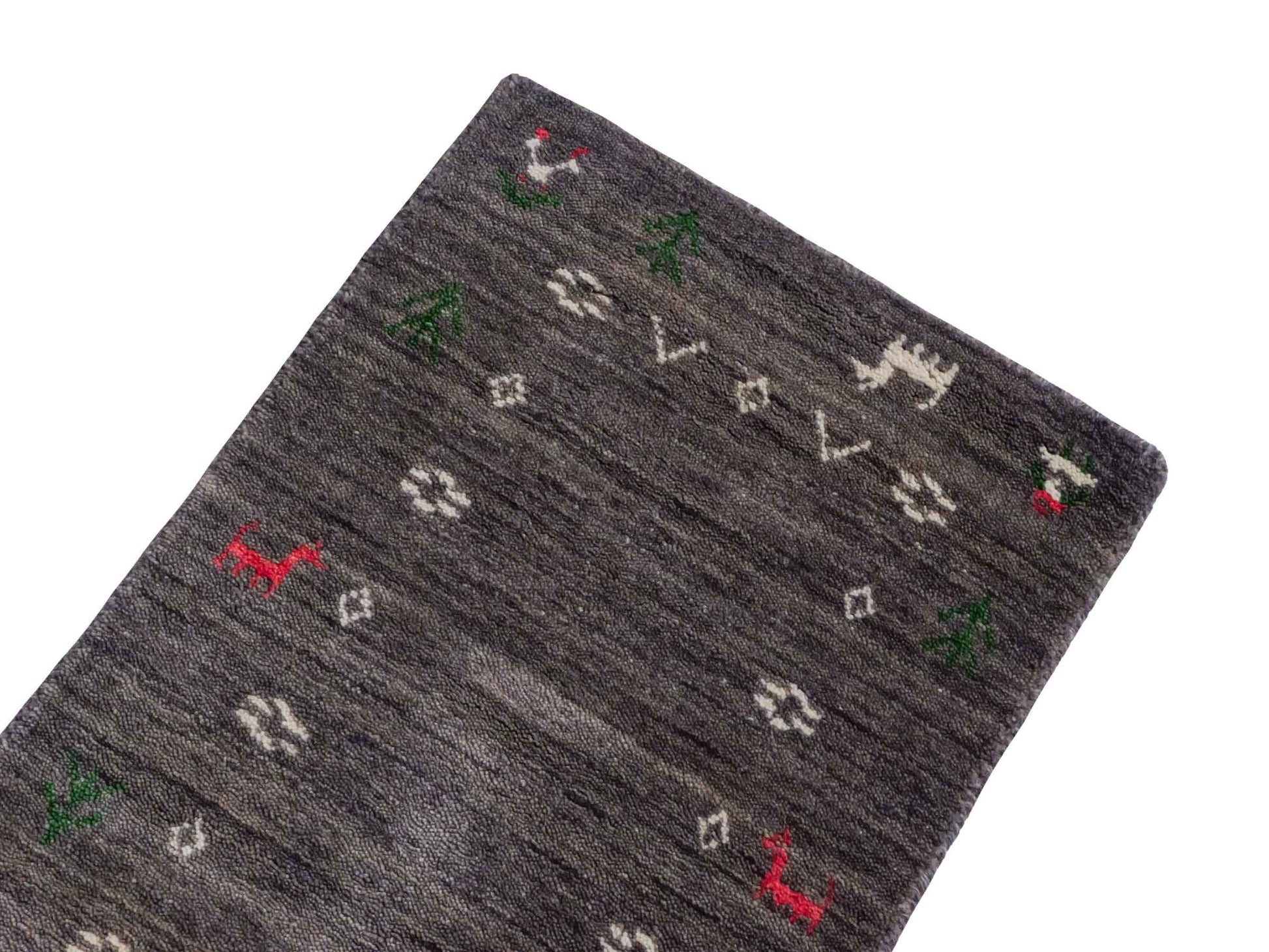 Moderner, Handloom Lori Gabbeh Orientteppich von Khademi aus Wolle, grau. Nomaden-Design. Produziert in Indien. Größe: 60x40cm. Teppichnummer: KB4-1617B. Verkauf durch Jupiter Intl.