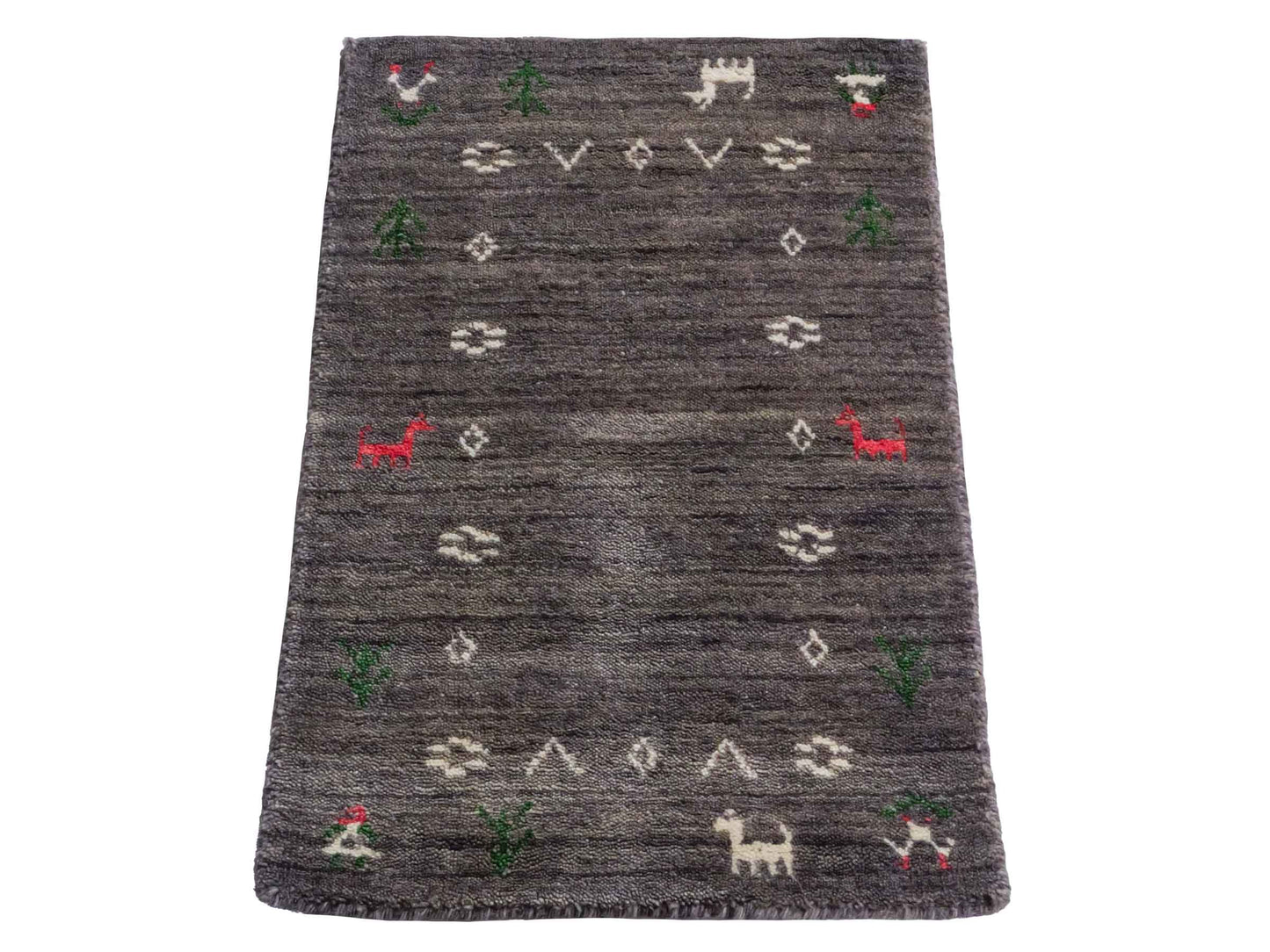 Moderner, Handloom Lori Gabbeh Orientteppich von Khademi aus Wolle, grau. Nomaden-Design. Produziert in Indien. Größe: 60x40cm. Teppichnummer: KB4-1617B. Verkauf durch Jupiter Intl.