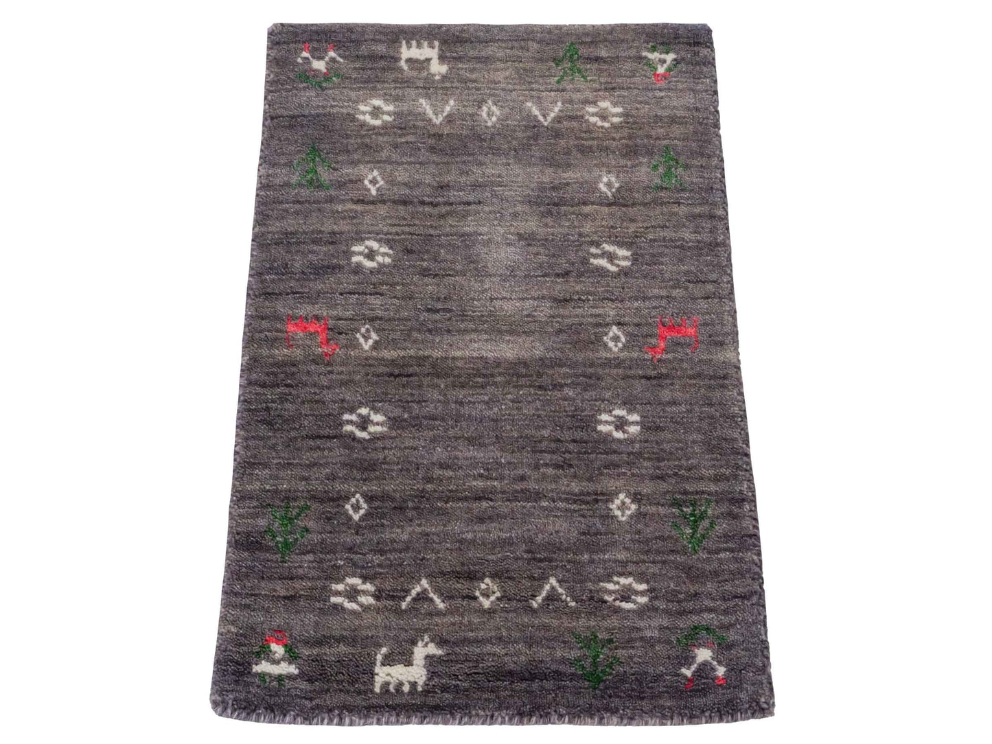 Moderner, Handloom Lori Gabbeh Orientteppich von Khademi aus Wolle, grau. Nomaden-Design. Produziert in Indien. Größe: 60x40cm. Teppichnummer: KB4-1617B. Verkauf durch Jupiter Intl.