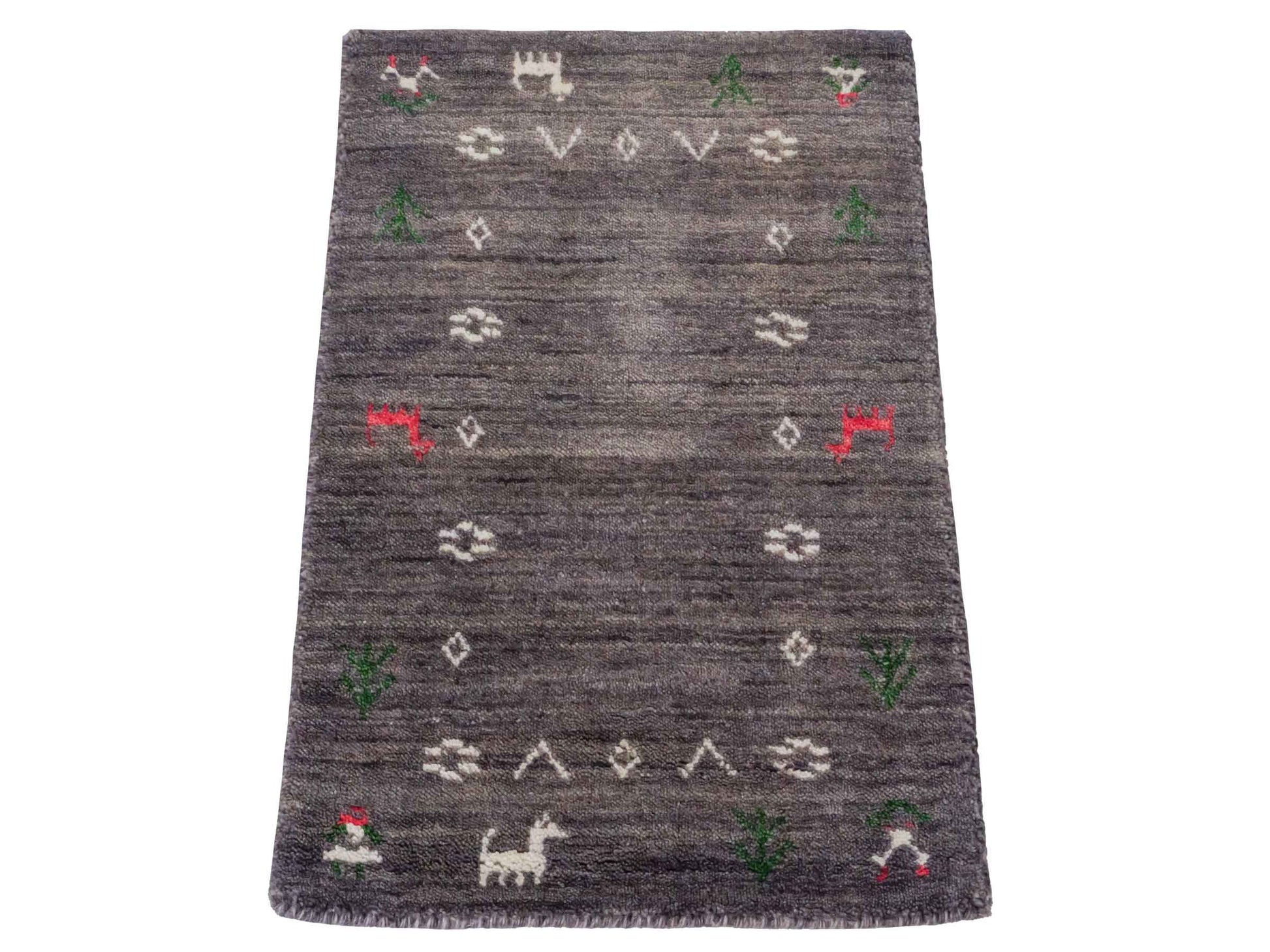 Moderner, Handloom Lori Gabbeh Orientteppich von Khademi aus Wolle, grau. Nomaden-Design. Produziert in Indien. Größe: 60x40cm. Teppichnummer: KB4-1617B. Verkauf durch Jupiter Intl.