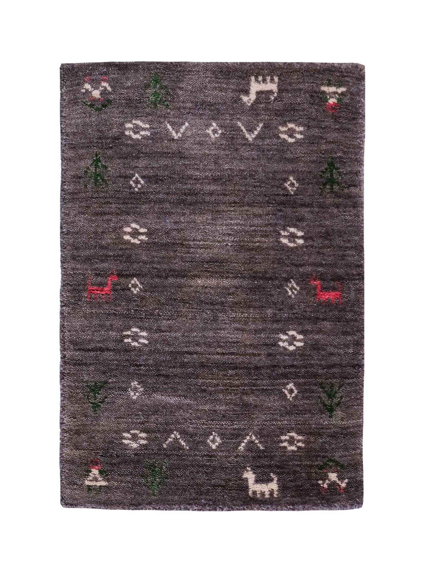 Moderner, Handloom Lori Gabbeh Orientteppich von Khademi aus Wolle, grau. Nomaden-Design. Produziert in Indien. Größe: 60x40cm. Teppichnummer: KB4-1617C. Verkauf durch Jupiter Intl.