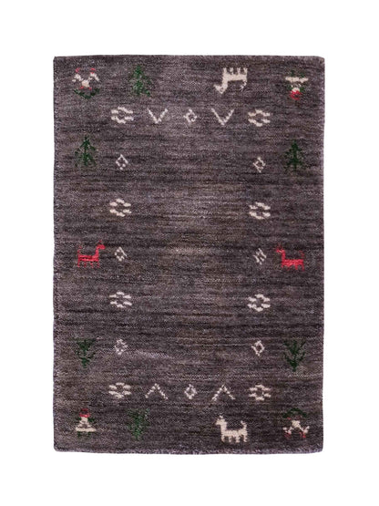 Moderner, Handloom Lori Gabbeh Orientteppich von Khademi aus Wolle, grau. Nomaden-Design. Produziert in Indien. Größe: 60x40cm. Teppichnummer: KB4-1617C. Verkauf durch Jupiter Intl.