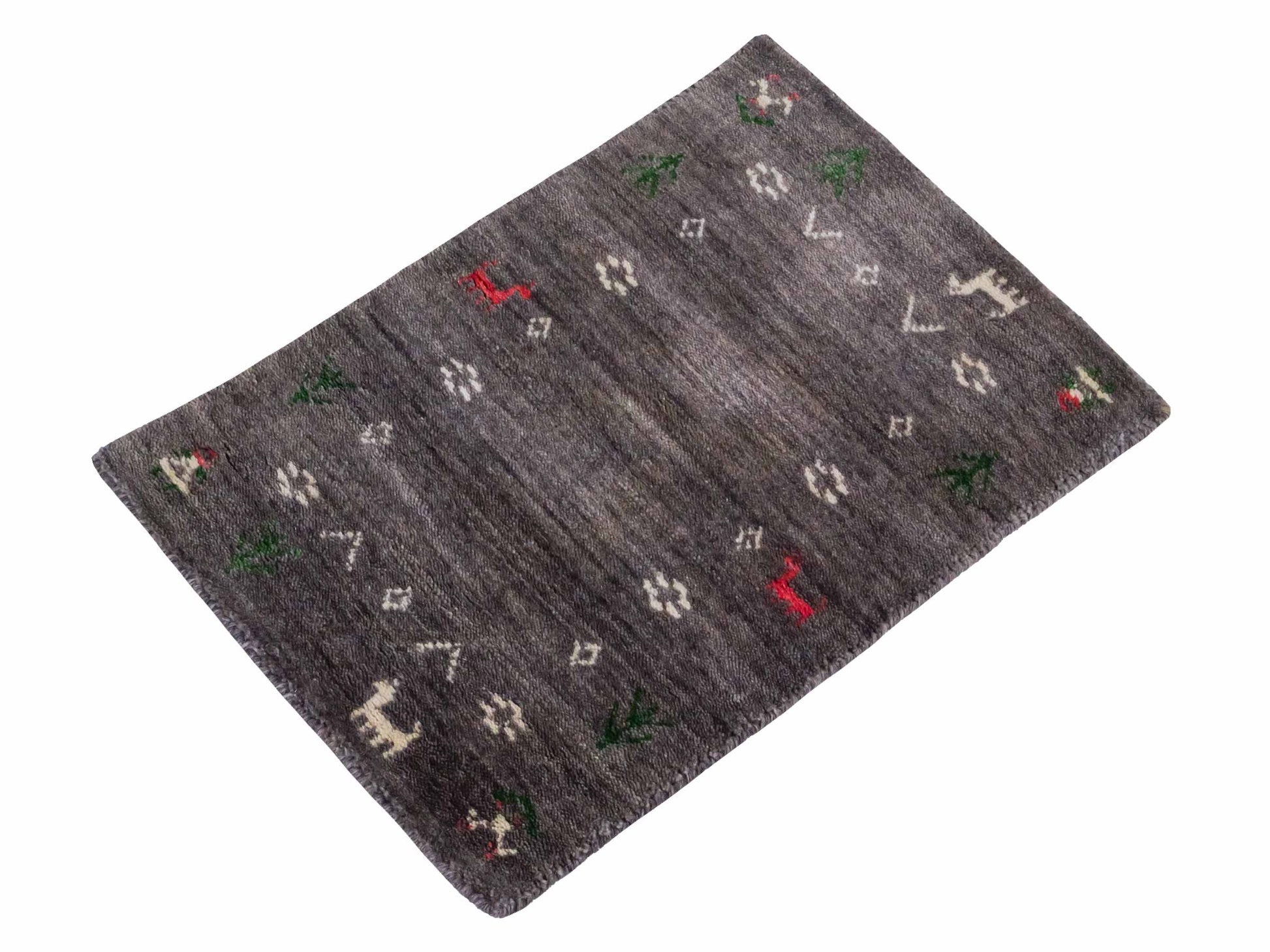 Moderner, Handloom Lori Gabbeh Orientteppich von Khademi aus Wolle, grau. Nomaden-Design. Produziert in Indien. Größe: 60x40cm. Teppichnummer: KB4-1617C. Verkauf durch Jupiter Intl.