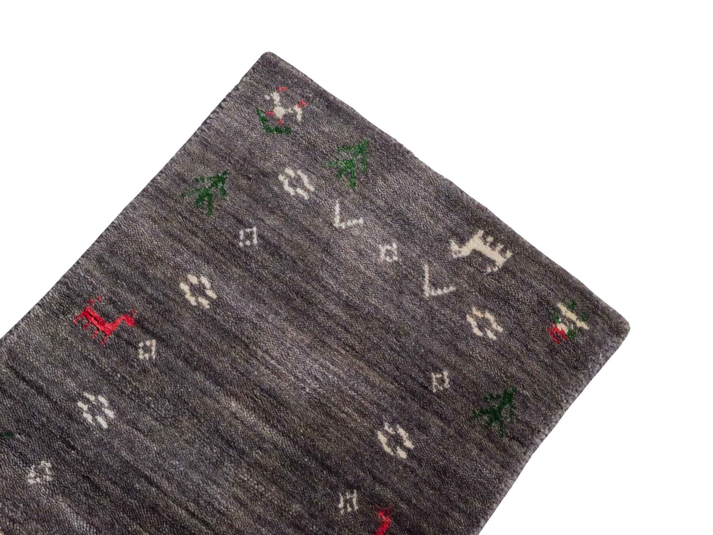 Moderner, Handloom Lori Gabbeh Orientteppich von Khademi aus Wolle, grau. Nomaden-Design. Produziert in Indien. Größe: 60x40cm. Teppichnummer: KB4-1617C. Verkauf durch Jupiter Intl.