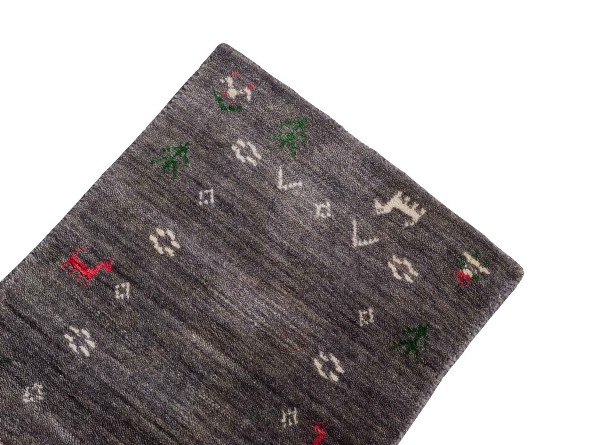 Moderner, Handloom Lori Gabbeh Orientteppich von Khademi aus Wolle, grau. Nomaden-Design. Produziert in Indien. Größe: 60x40cm. Teppichnummer: KB4-1617C. Verkauf durch Jupiter Intl.