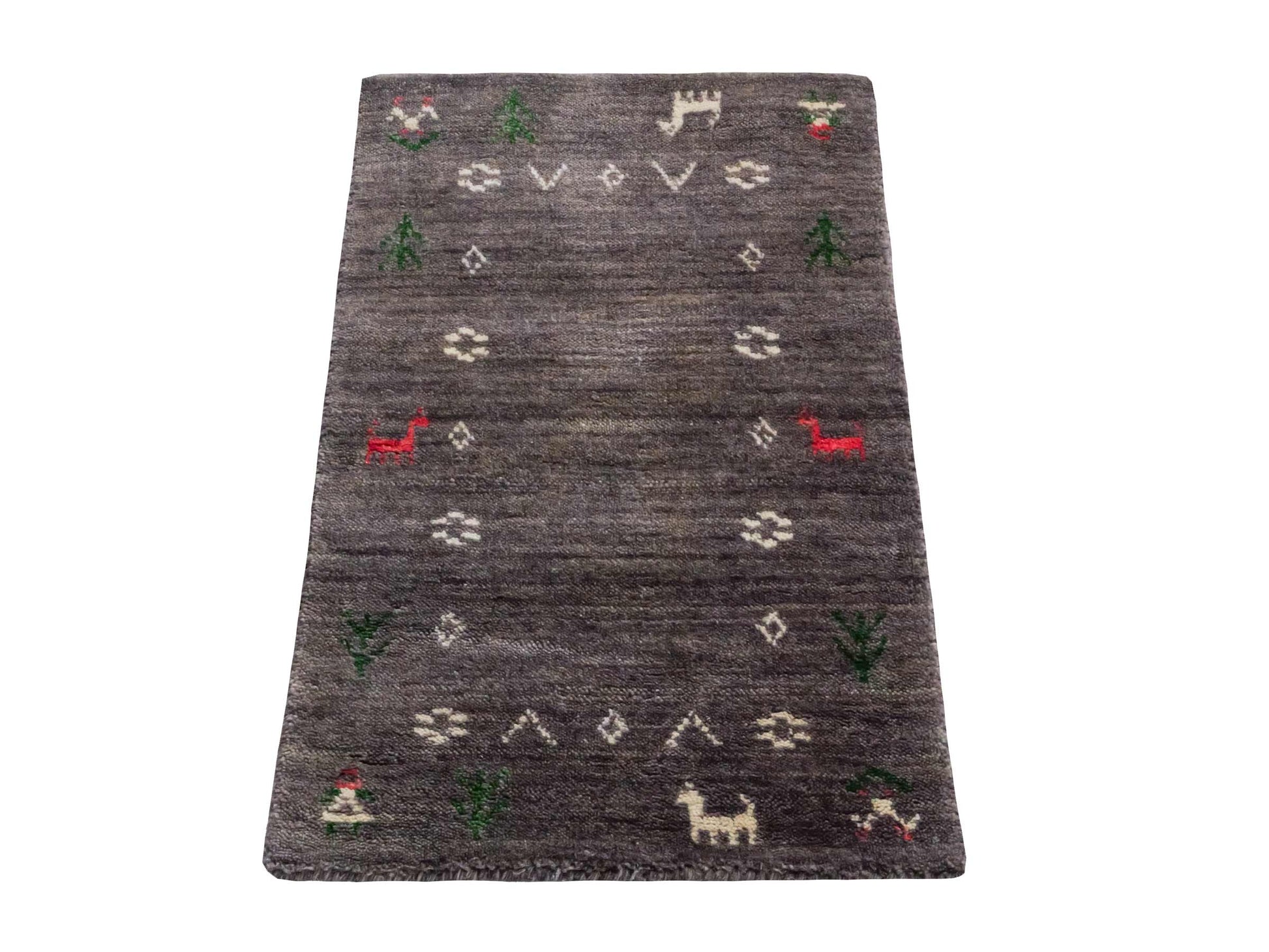 Moderner, Handloom Lori Gabbeh Orientteppich von Khademi aus Wolle, grau. Nomaden-Design. Produziert in Indien. Größe: 60x40cm. Teppichnummer: KB4-1617C. Verkauf durch Jupiter Intl.