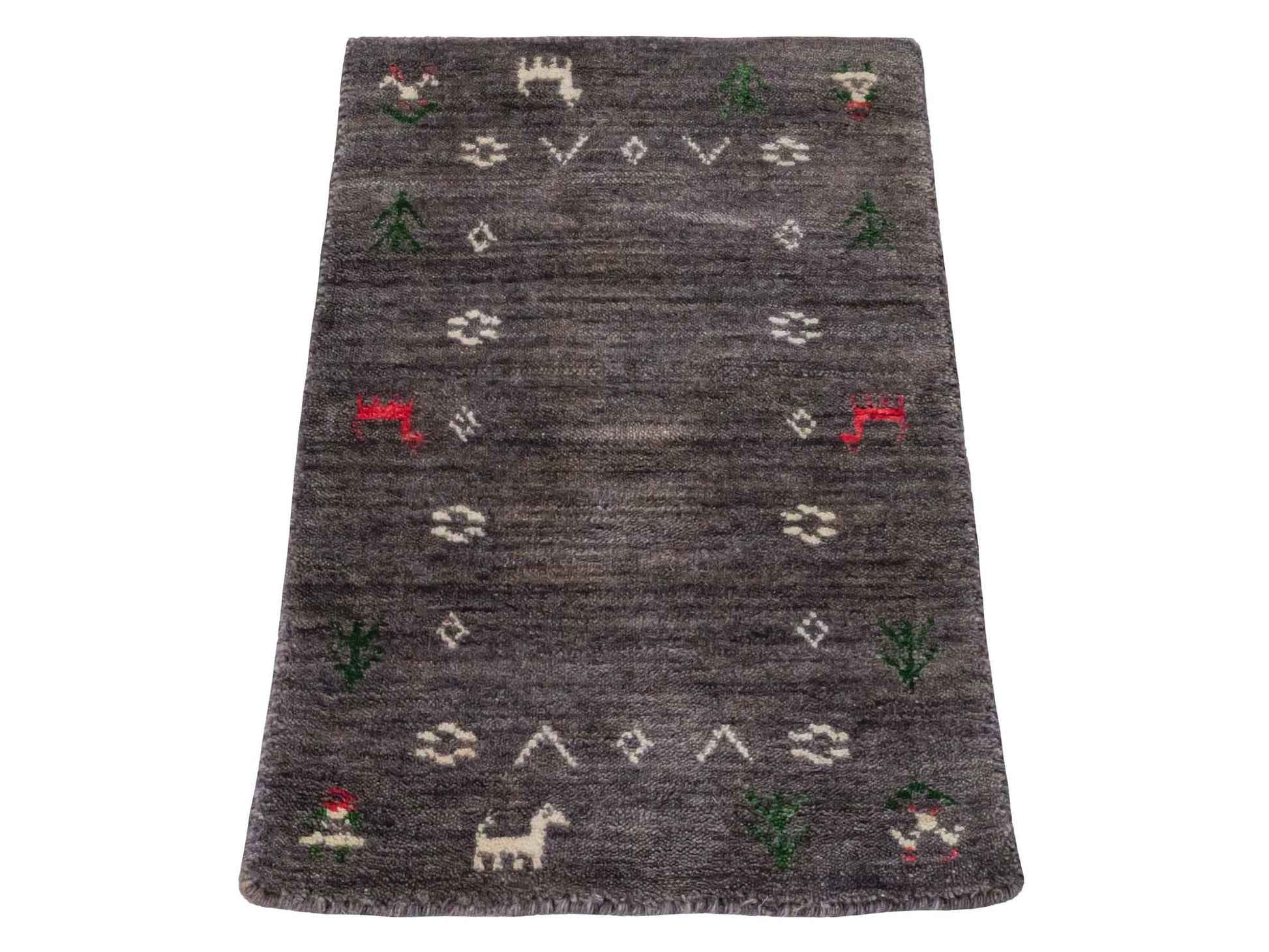 Moderner, Handloom Lori Gabbeh Orientteppich von Khademi aus Wolle, grau. Nomaden-Design. Produziert in Indien. Größe: 60x40cm. Teppichnummer: KB4-1617C. Verkauf durch Jupiter Intl.