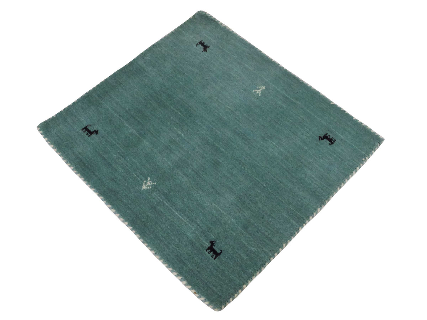 Moderner, Handloom Lori Gabbeh Orientteppich von Khademi aus Wolle, hellblau, türkis. Nomaden-Design. Produziert in Indien. Größe: 80x76cm. Teppichnummer: KB4-1601. Verkauf durch Jupiter Intl.