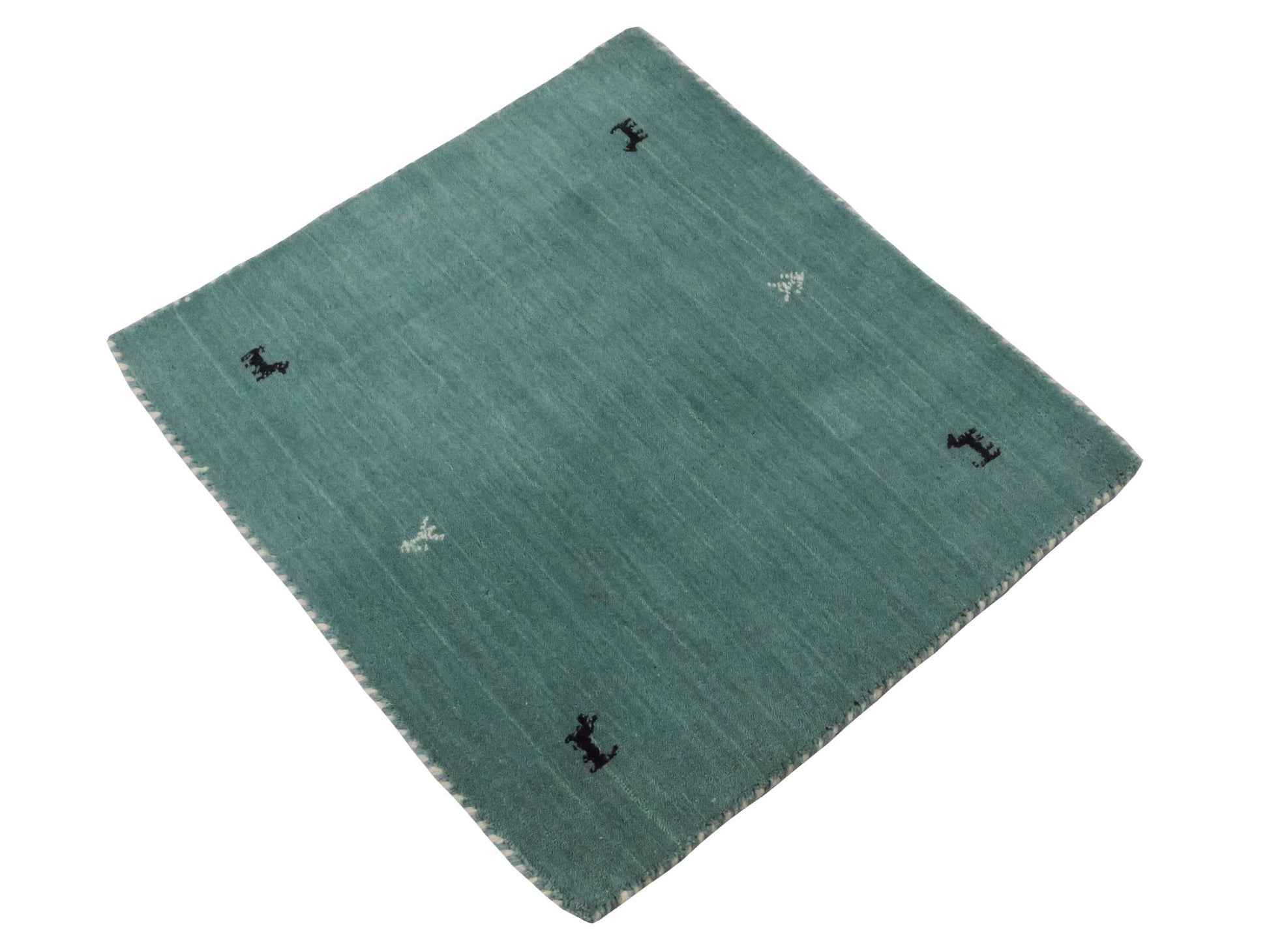 Moderner, Handloom Lori Gabbeh Orientteppich von Khademi aus Wolle, hellblau, türkis. Nomaden-Design. Produziert in Indien. Größe: 80x76cm. Teppichnummer: KB4-1601. Verkauf durch Jupiter Intl.