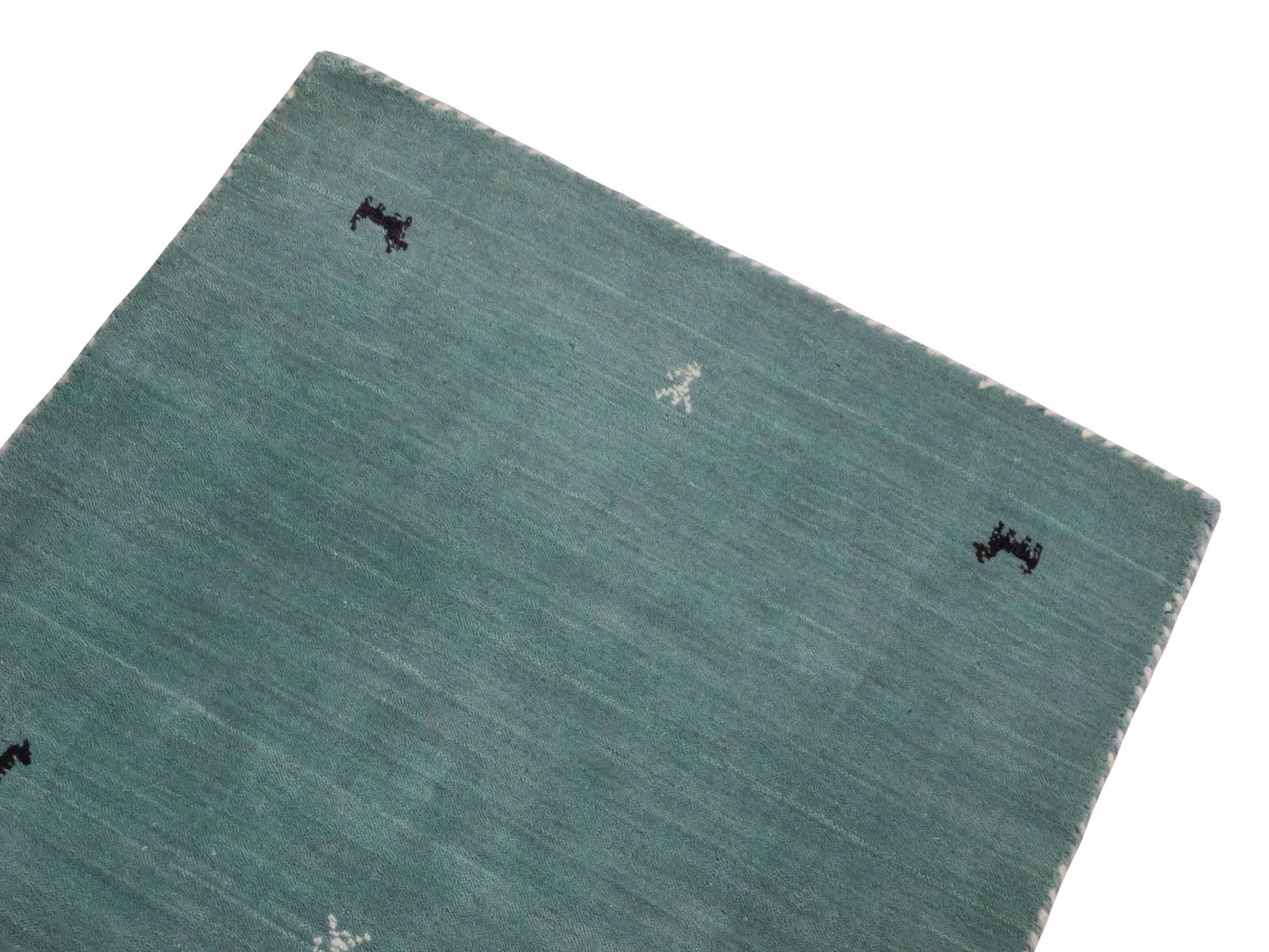 Moderner, Handloom Lori Gabbeh Orientteppich von Khademi aus Wolle, hellblau, türkis. Nomaden-Design. Produziert in Indien. Größe: 80x76cm. Teppichnummer: KB4-1601. Verkauf durch Jupiter Intl.