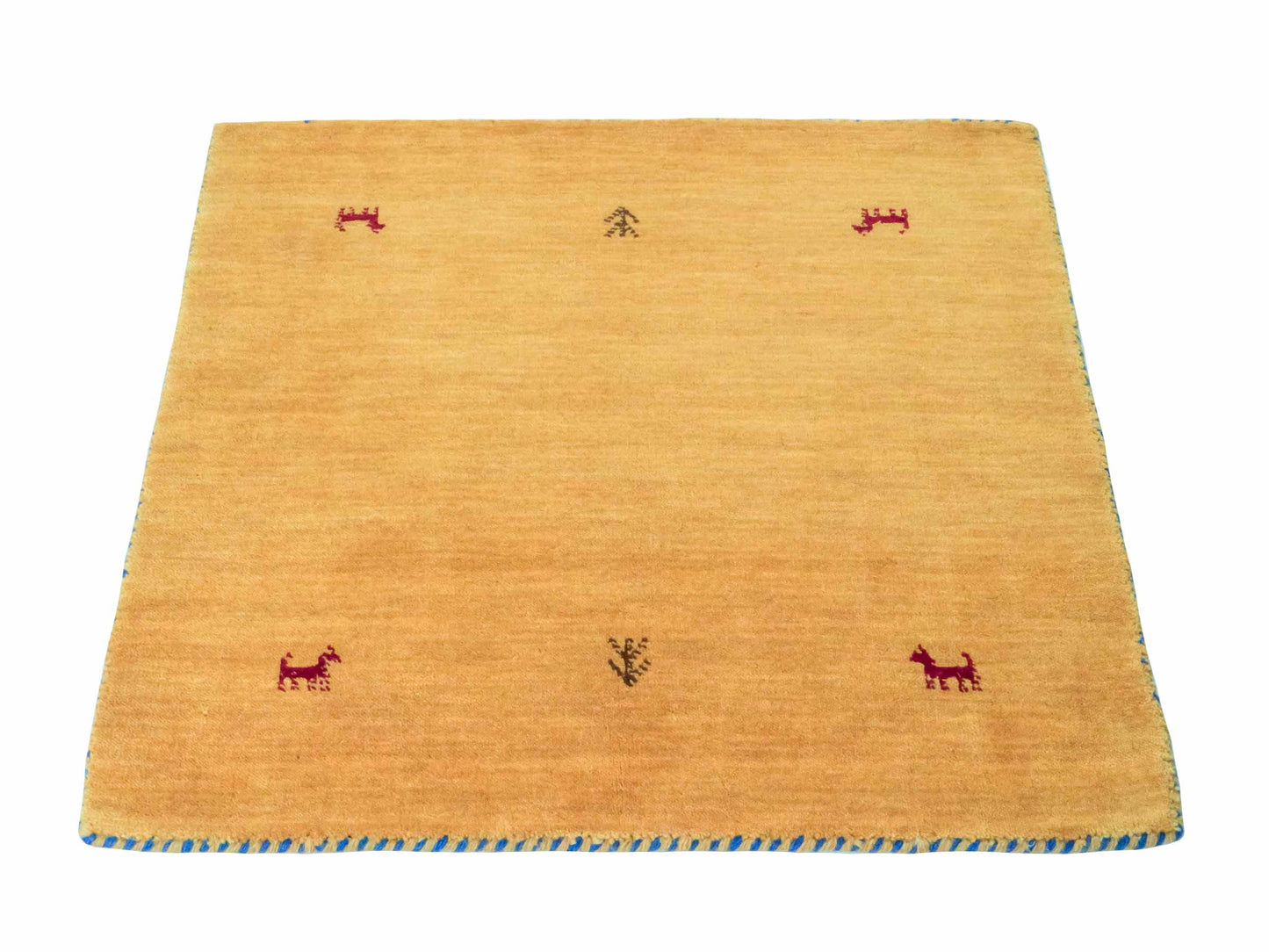 Moderner, Handloom Lori Gabbeh Orientteppich von Khademi aus Wolle, gelb. Nomaden-Design. Produziert in Indien. Größe: 80x80cm. Teppichnummer: KB4-1604. Verkauf durch Jupiter Intl.