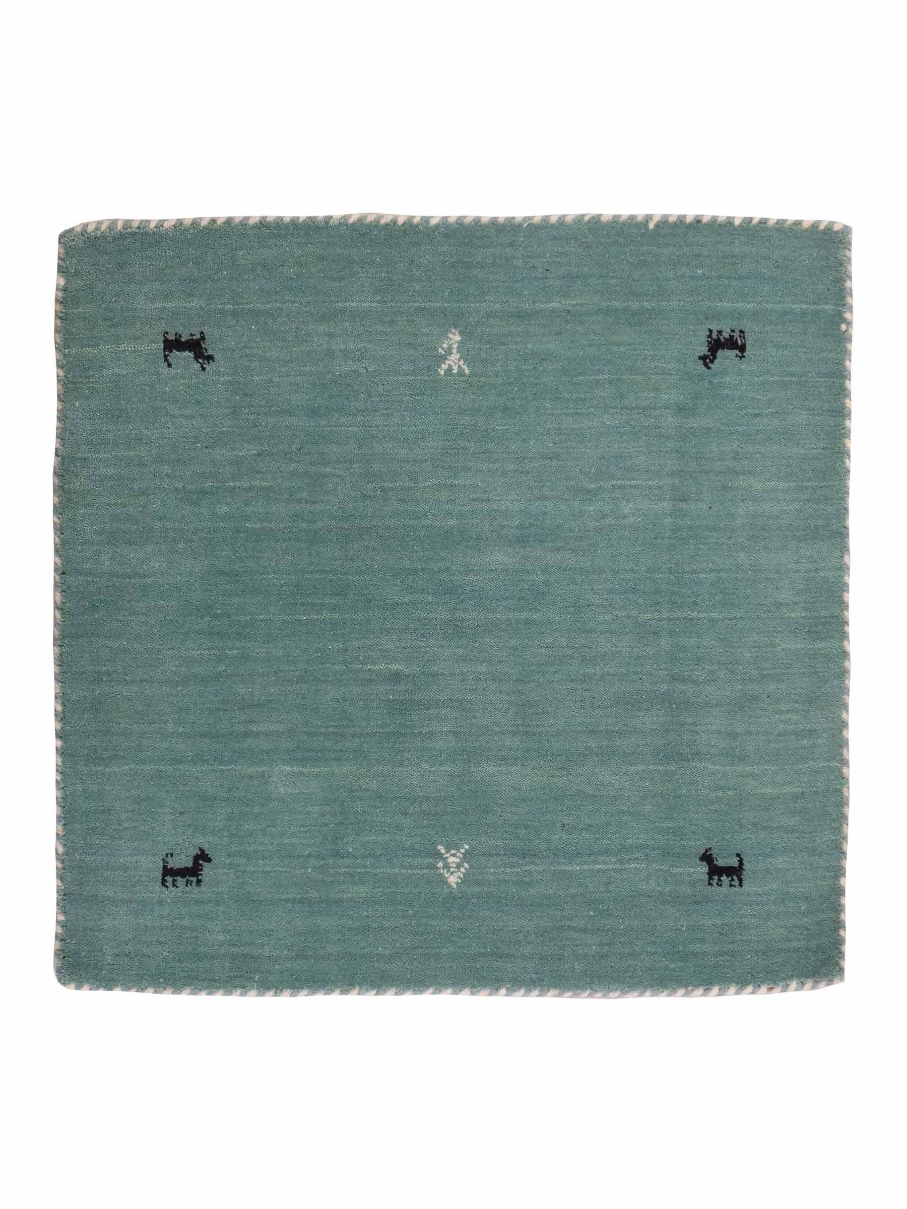 Moderner, Handloom Lori Gabbeh Orientteppich von Khademi aus Wolle, hellblau, türkis. Nomaden-Design. Produziert in Indien. Größe: 81x77cm. Teppichnummer: KB4-1602. Verkauf durch Jupiter Intl.