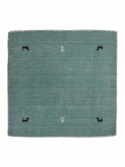 Moderner, Handloom Lori Gabbeh Orientteppich von Khademi aus Wolle, hellblau, türkis. Nomaden-Design. Produziert in Indien. Größe: 81x77cm. Teppichnummer: KB4-1602. Verkauf durch Jupiter Intl.