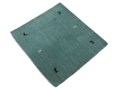 Moderner, Handloom Lori Gabbeh Orientteppich von Khademi aus Wolle, hellblau, türkis. Nomaden-Design. Produziert in Indien. Größe: 81x77cm. Teppichnummer: KB4-1602. Verkauf durch Jupiter Intl.