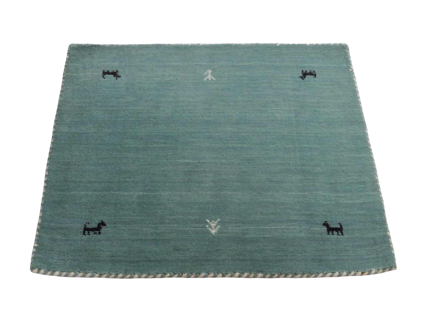 Moderner, Handloom Lori Gabbeh Orientteppich von Khademi aus Wolle, hellblau, türkis. Nomaden-Design. Produziert in Indien. Größe: 81x77cm. Teppichnummer: KB4-1602. Verkauf durch Jupiter Intl.