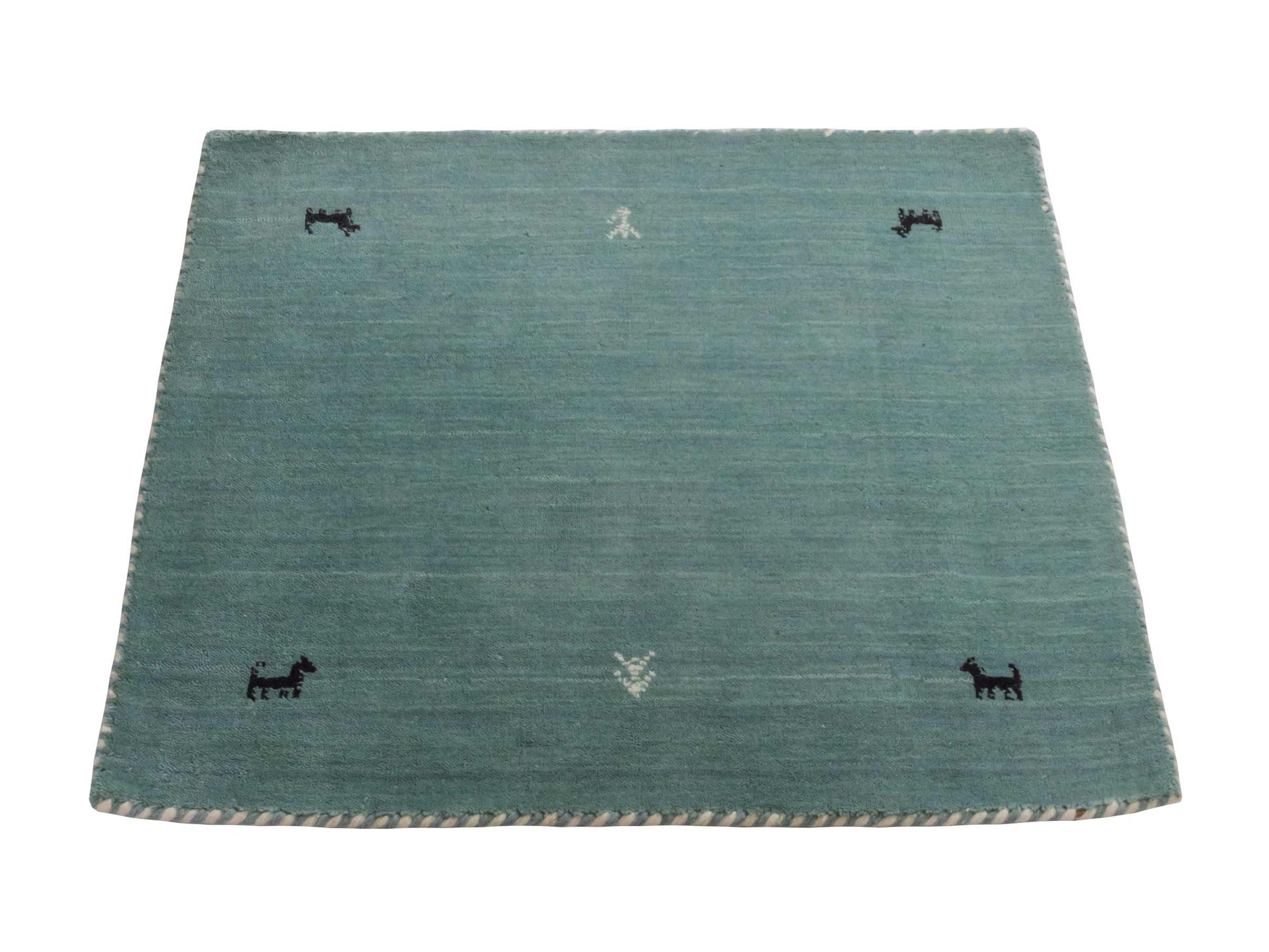 Moderner, Handloom Lori Gabbeh Orientteppich von Khademi aus Wolle, hellblau, türkis. Nomaden-Design. Produziert in Indien. Größe: 81x77cm. Teppichnummer: KB4-1602. Verkauf durch Jupiter Intl.
