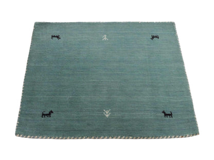 Moderner, Handloom Lori Gabbeh Orientteppich von Khademi aus Wolle, hellblau, türkis. Nomaden-Design. Produziert in Indien. Größe: 81x77cm. Teppichnummer: KB4-1602. Verkauf durch Jupiter Intl.