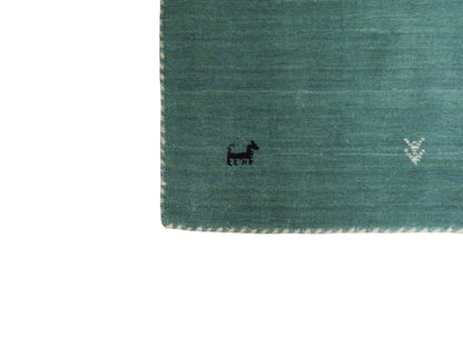 Moderner, Handloom Lori Gabbeh Orientteppich von Khademi aus Wolle, hellblau, türkis. Nomaden-Design. Produziert in Indien. Größe: 81x77cm. Teppichnummer: KB4-1602. Verkauf durch Jupiter Intl.