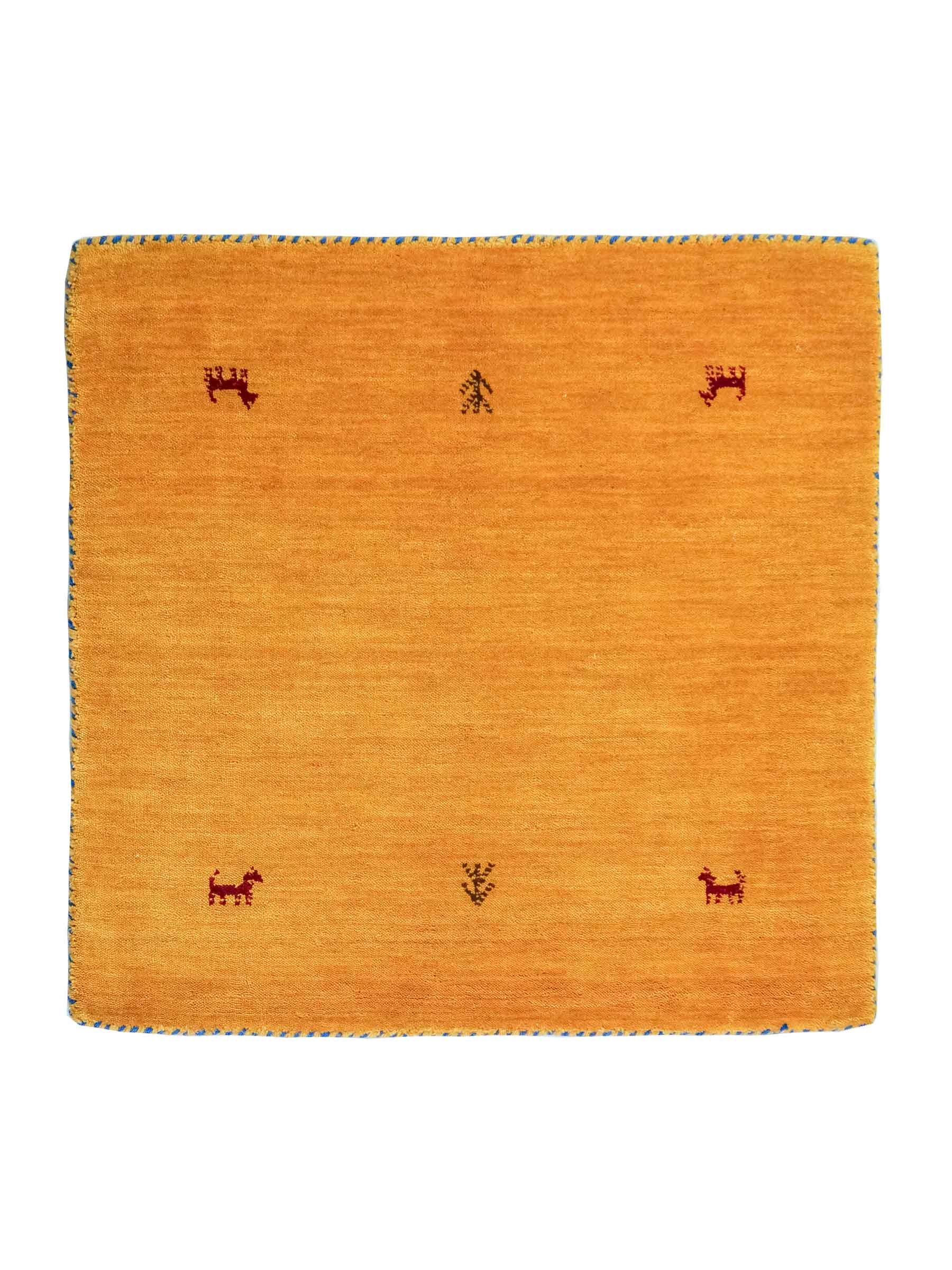 Moderner, Handloom Lori Gabbeh Orientteppich von Khademi aus Wolle, gelb. Nomaden-Design. Produziert in Indien. Größe: 81x78cm. Teppichnummer: KB4-1606. Verkauf durch Jupiter Intl.