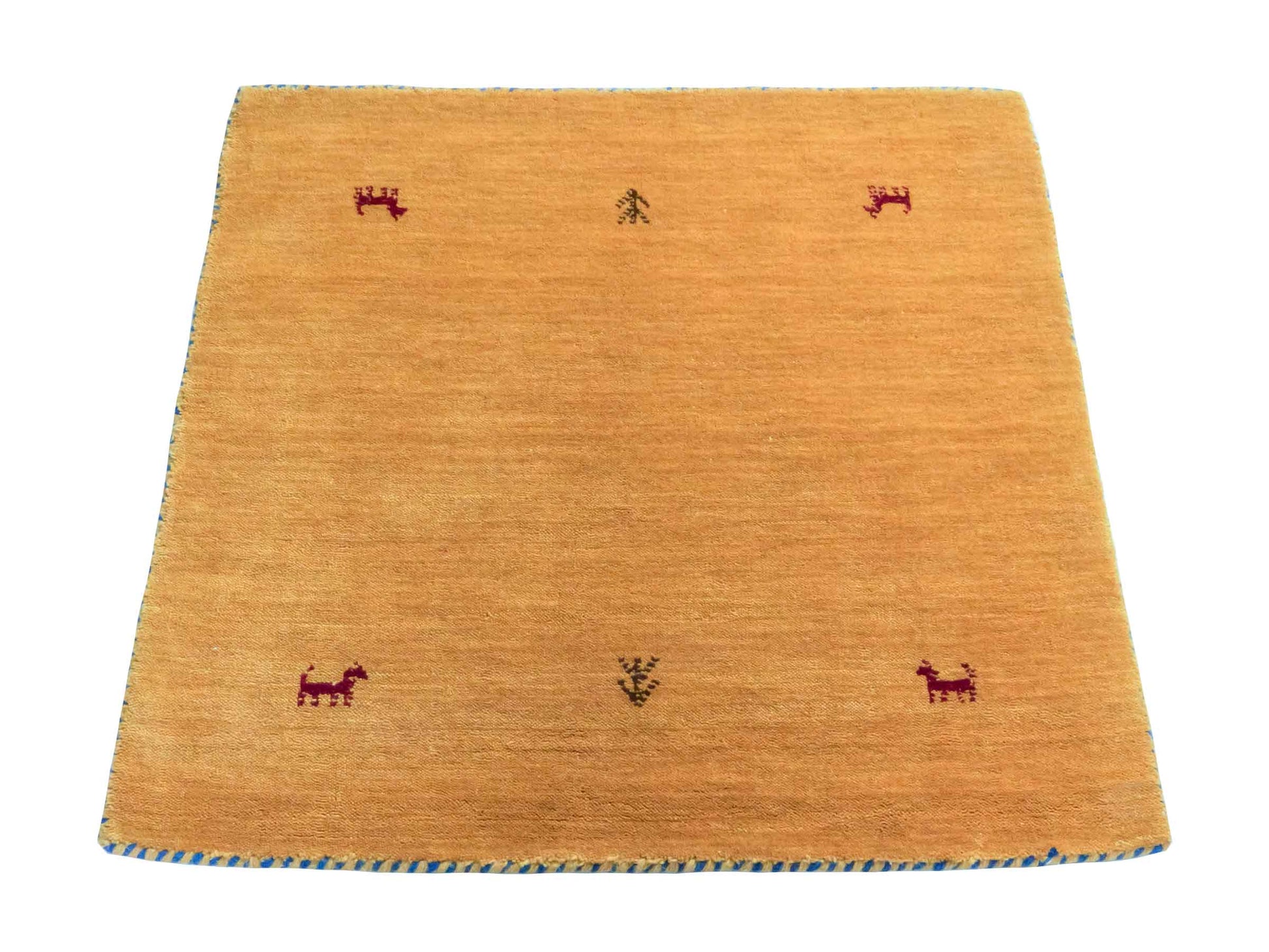 Moderner, Handloom Lori Gabbeh Orientteppich von Khademi aus Wolle, gelb. Nomaden-Design. Produziert in Indien. Größe: 81x78cm. Teppichnummer: KB4-1606. Verkauf durch Jupiter Intl.