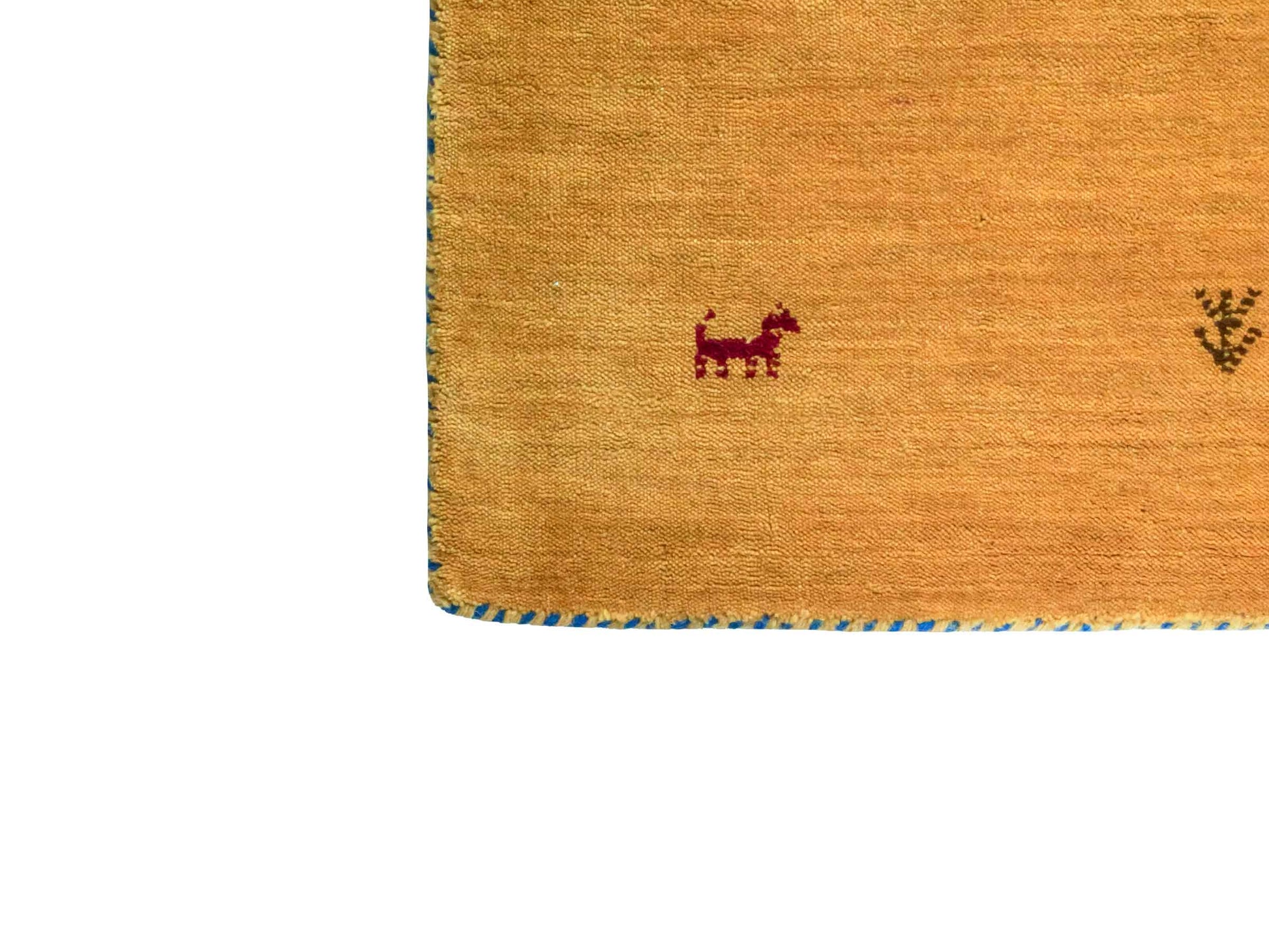 Moderner, Handloom Lori Gabbeh Orientteppich von Khademi aus Wolle, gelb. Nomaden-Design. Produziert in Indien. Größe: 81x78cm. Teppichnummer: KB4-1606. Verkauf durch Jupiter Intl.