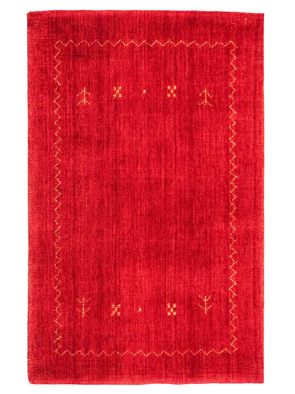 Moderner, Handloom Lori Gabbeh Orientteppich von Khademi aus Wolle, rot. Nomaden-Design. Produziert in Indien. Größe: 89x63cm. Teppichnummer: KB4-1607. Verkauf durch Jupiter Intl.