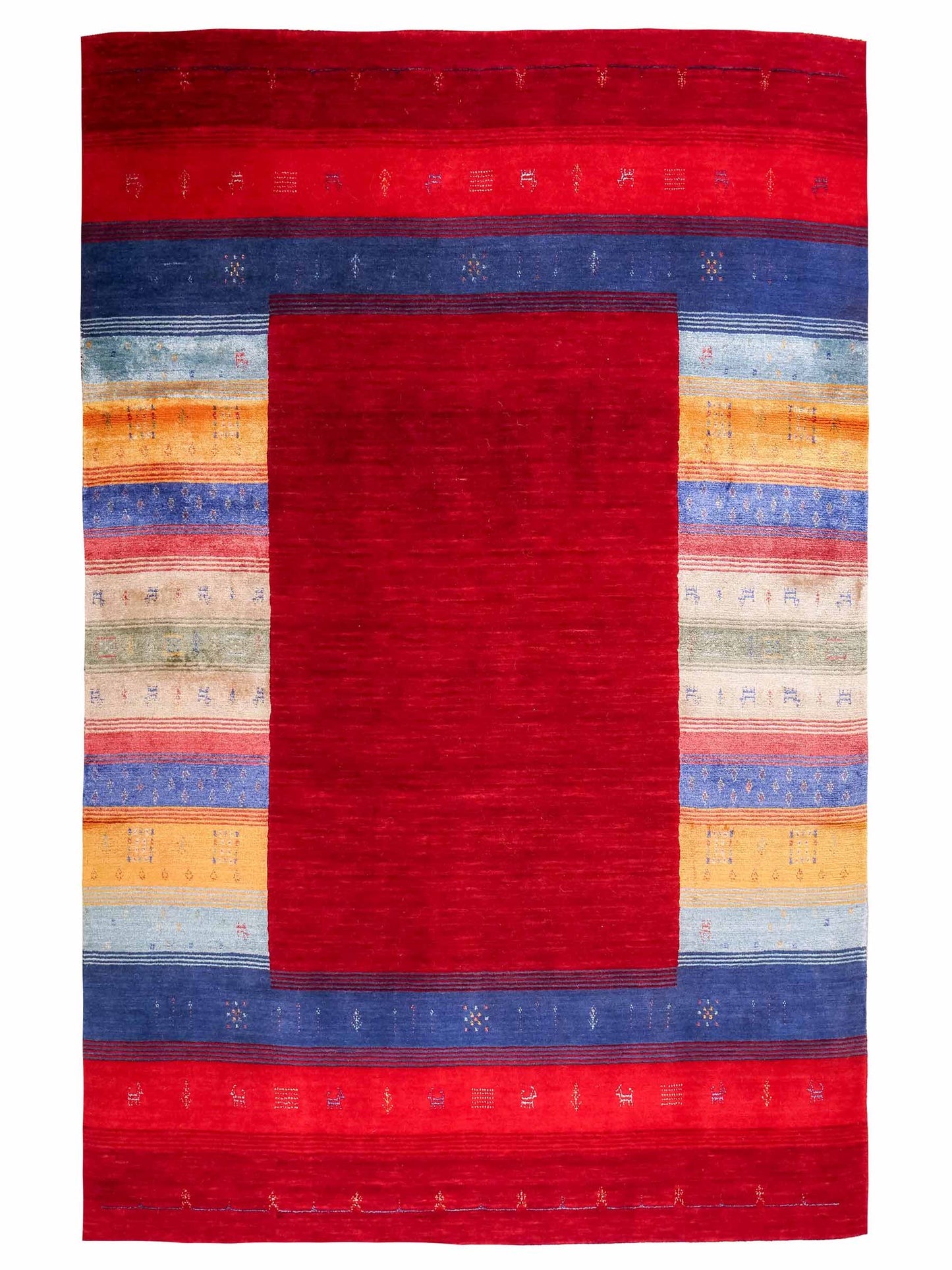 Moderner, Handloom Lori Gabbeh Orientteppich von Khademi aus Wolle mit Bambusseide, rot, mehrfarbig. Nomaden-Design. Produziert in Indien. Größe: 234x161cm. Teppichnummer: KB4-1811. Verkauf durch Jupiter Intl.