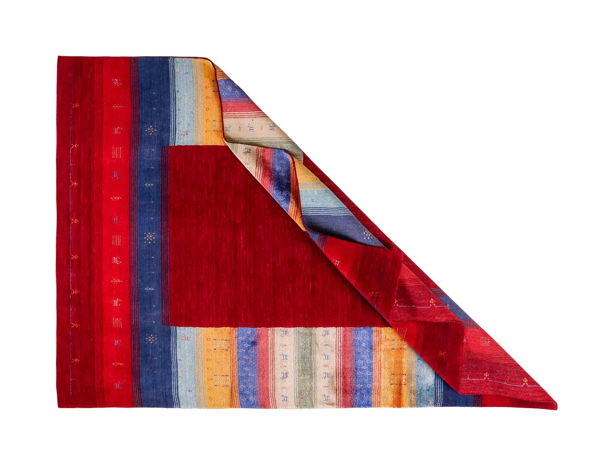 Moderner, Handloom Lori Gabbeh Orientteppich von Khademi aus Wolle mit Bambusseide, rot, mehrfarbig. Nomaden-Design. Produziert in Indien. Größe: 234x161cm. Teppichnummer: KB4-1811. Verkauf durch Jupiter Intl.