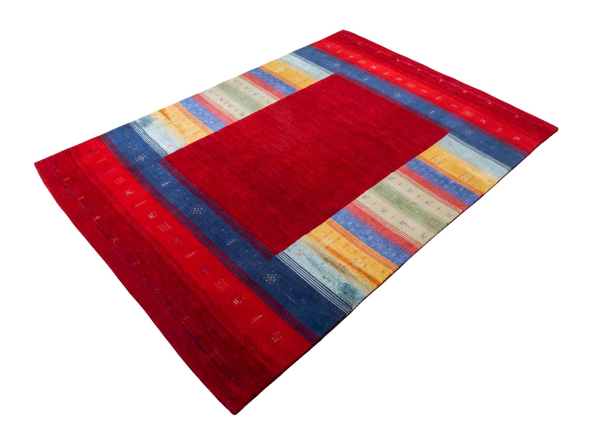 Moderner, Handloom Lori Gabbeh Orientteppich von Khademi aus Wolle mit Bambusseide, rot, mehrfarbig. Nomaden-Design. Produziert in Indien. Größe: 234x161cm. Teppichnummer: KB4-1811. Verkauf durch Jupiter Intl.