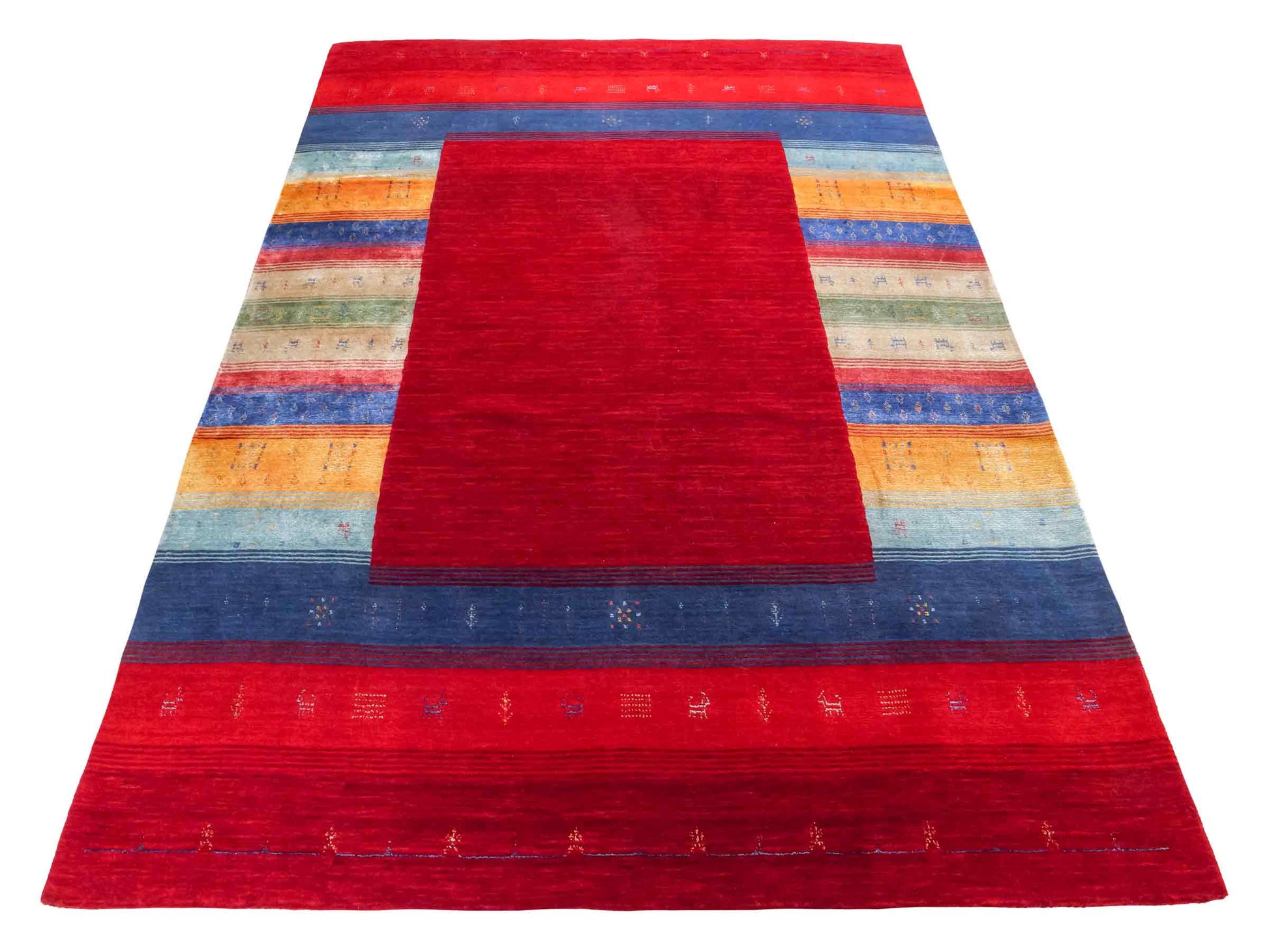 Moderner, Handloom Lori Gabbeh Orientteppich von Khademi aus Wolle mit Bambusseide, rot, mehrfarbig. Nomaden-Design. Produziert in Indien. Größe: 234x161cm. Teppichnummer: KB4-1811. Verkauf durch Jupiter Intl.