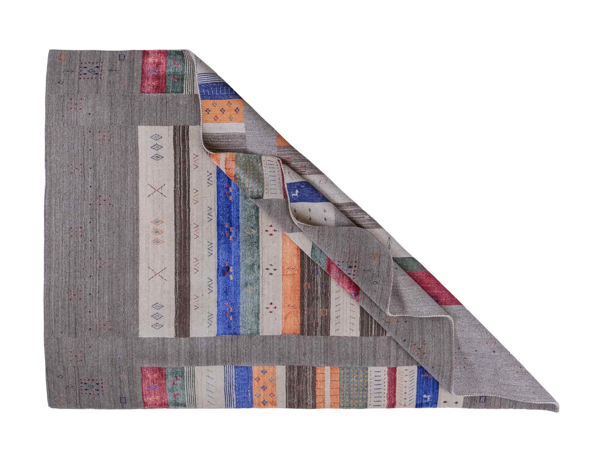 Moderner, Handloom Lori Gabbeh Orientteppich von Khademi aus Wolle mit Bambusseide, grau, mehrfarbig. Nomaden-Design. Produziert in Indien. Größe: 239x171cm. Teppichnummer: KB4-1808. Verkauf durch Jupiter Intl.