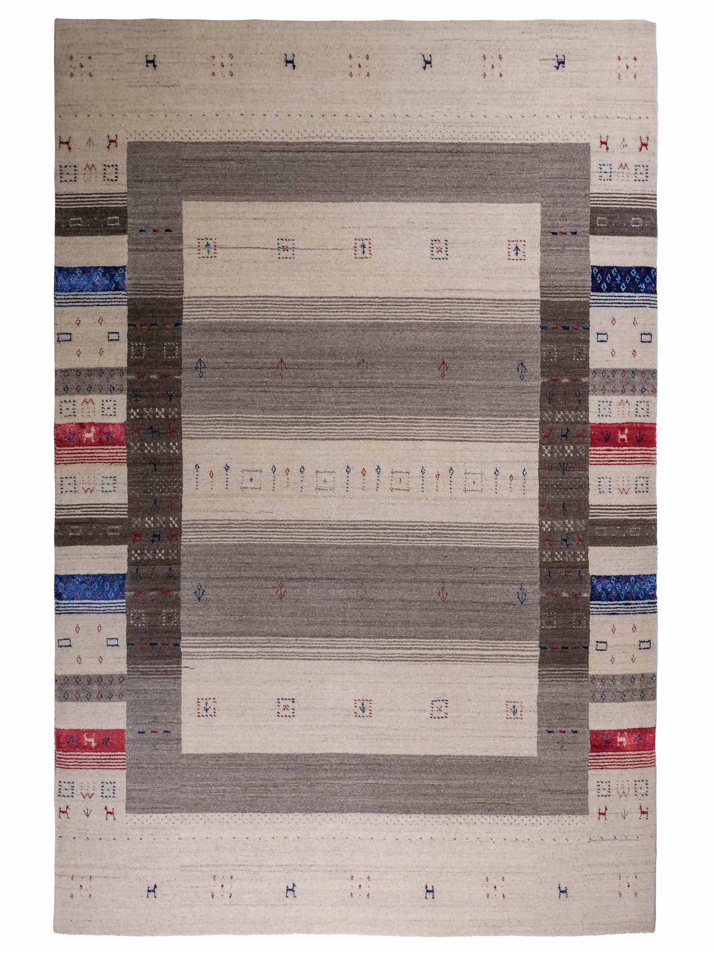 Moderner, Handloom Lori Gabbeh Orientteppich von Khademi aus Wolle mit Bambusseide, cremeweiß, grau, mehrfarbig. Geometrisches Nomaden-Design. Produziert in Indien. Größe: 240x174cm. Teppichnummer: KB4-1814. Verkauf durch Jupiter Intl.