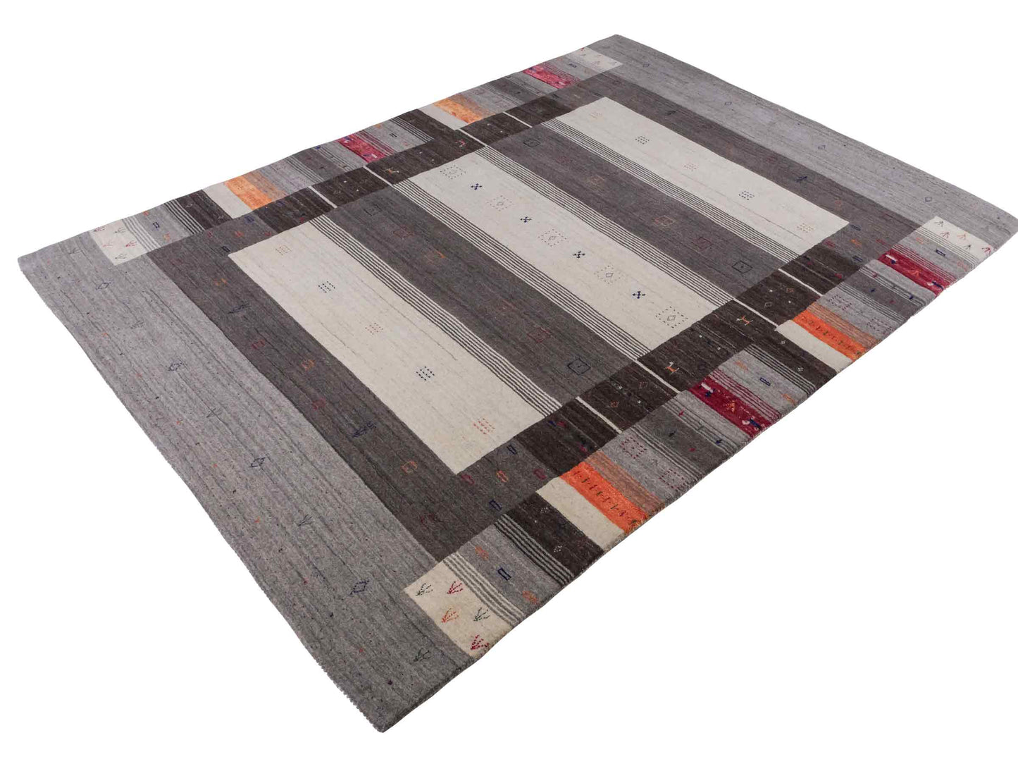 Moderner, Handloom Lori Gabbeh Orientteppich von Khademi aus Wolle mit Bambusseide, grau, mehrfarbig. Nomaden-Design. Produziert in Indien. Größe: 241x171cm. Teppichnummer: KB4-1813. Verkauf durch Jupiter Intl.