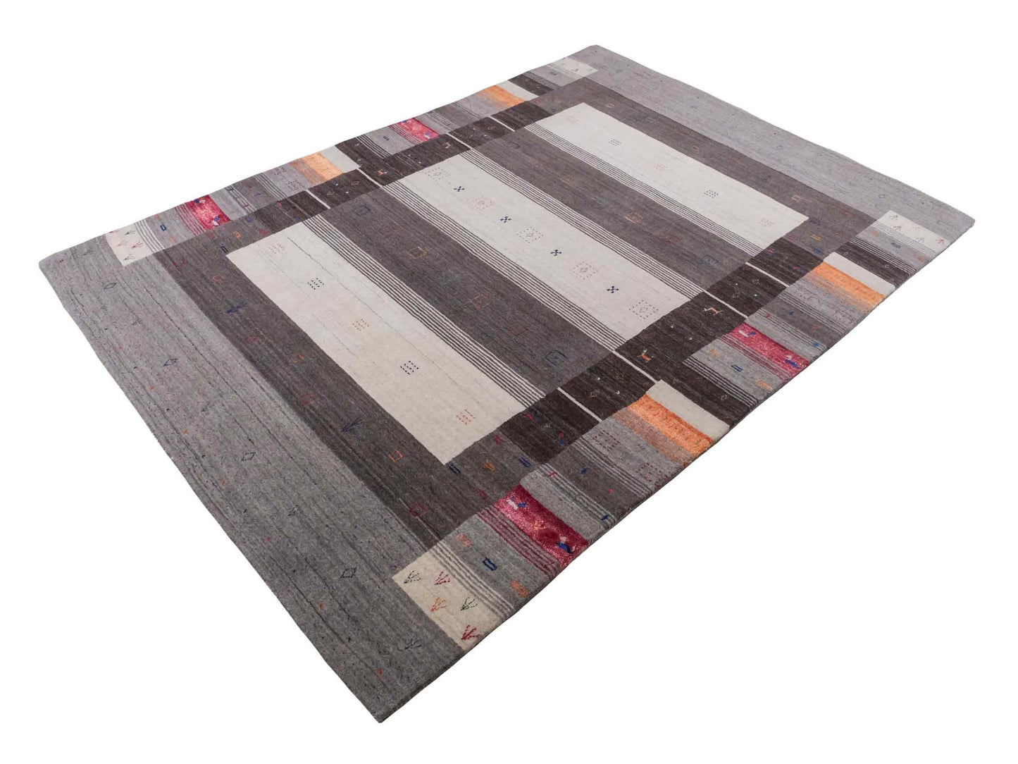 Moderner, Handloom Lori Gabbeh Orientteppich von Khademi aus Wolle mit Bambusseide, grau, mehrfarbig. Nomaden-Design. Produziert in Indien. Größe: 241x171cm. Teppichnummer: KB4-1813. Verkauf durch Jupiter Intl.