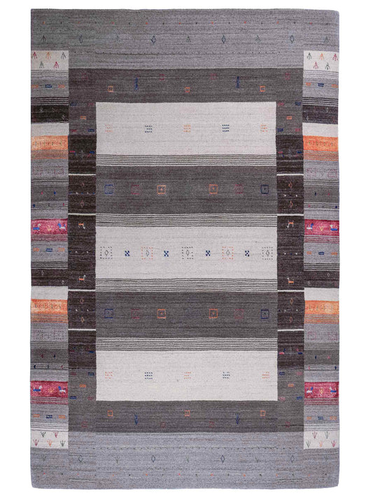 Moderner, Handloom Lori Gabbeh Orientteppich von Khademi aus Wolle mit Bambusseide, grau, mehrfarbig. Nomaden-Design. Produziert in Indien. Größe: 242x171cm. Teppichnummer: KB4-1810. Verkauf durch Jupiter Intl.